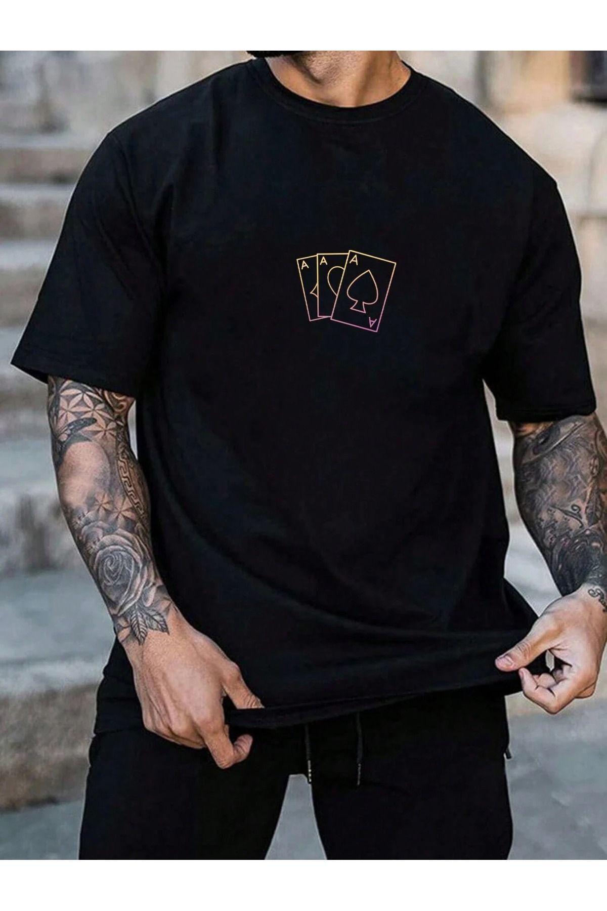 FoxSkin Sportswear&Company A Cards Tişört - Siyah Baskılı Oversize Yazlık Kısa Kol T-Shirt Bisiklet Yaka