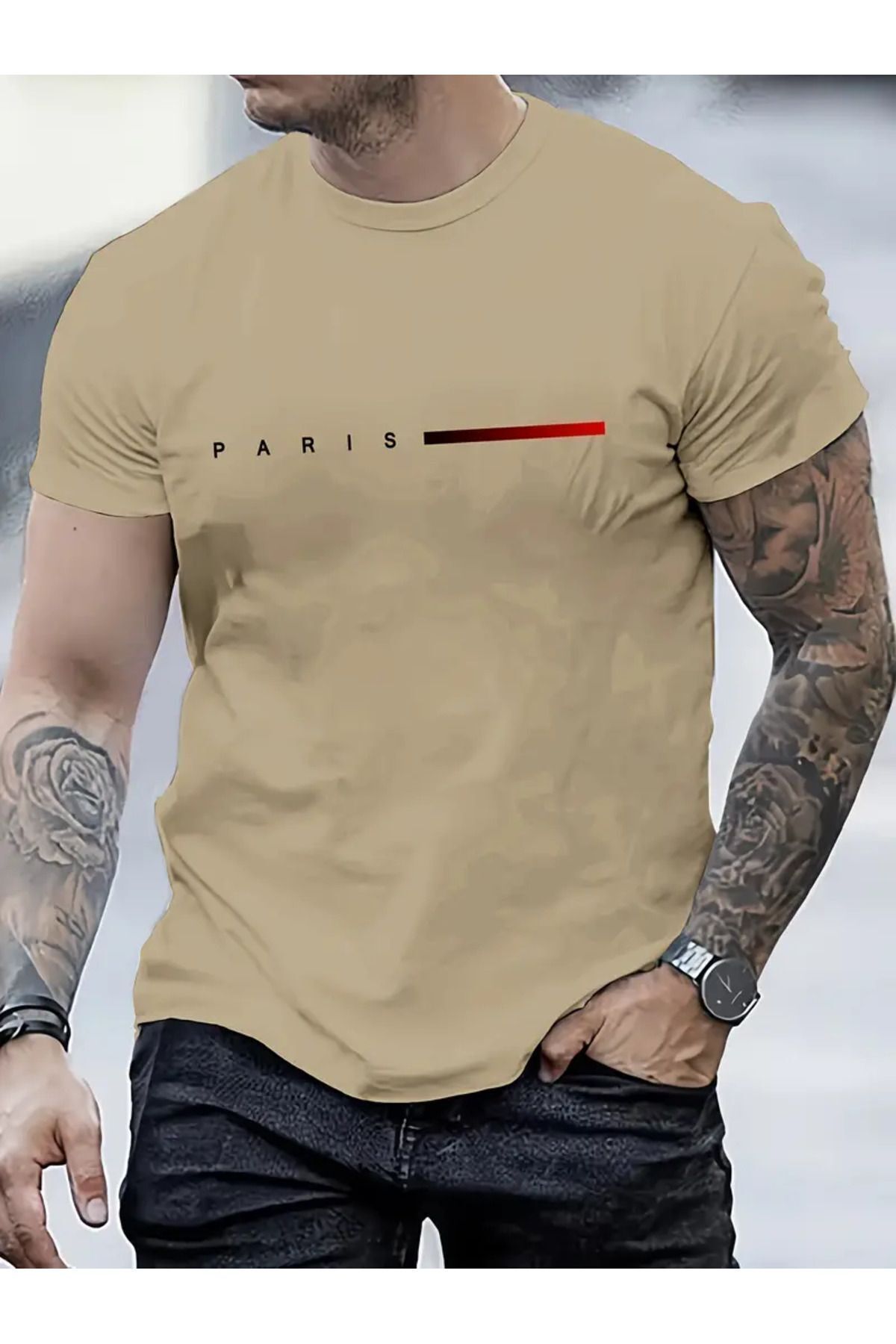 FoxSkin Sportswear&Company Paris Kısa Şerit Tişört - Bej Baskılı Oversize Yazlık Kısa Kol T-Shirt Bisiklet Yaka