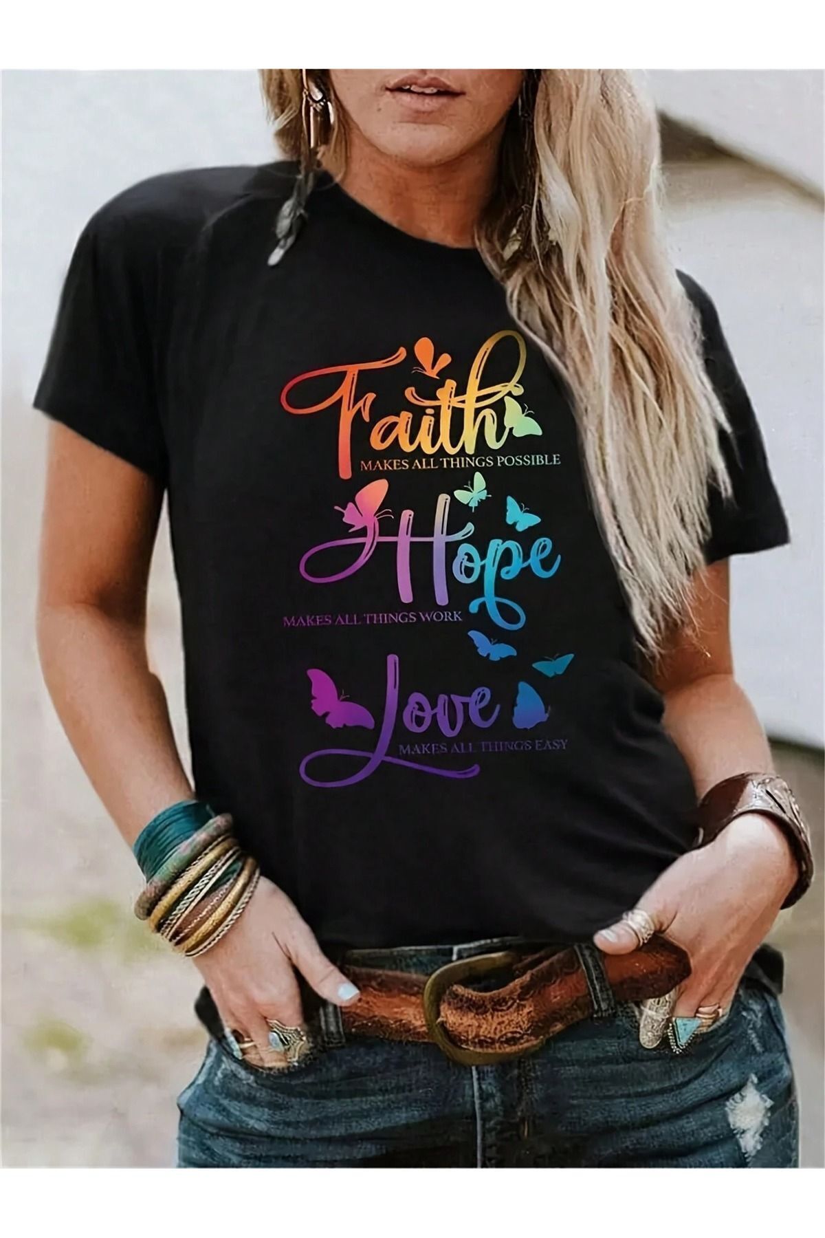 FoxSkin Sportswear&Company Hope Love Tişört - Siyah Baskılı Oversize Yazlık Kısa Kol T-Shirt Bisiklet Yaka