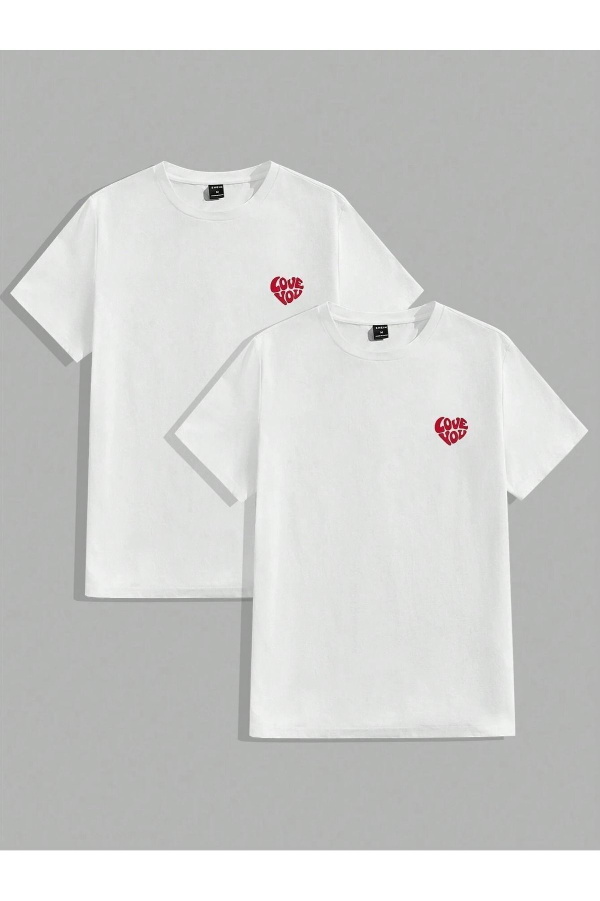 FoxSkin Sportswear&Company 2'li Love You Tişört - Beyaz Baskılı Oversize Yazlık Kısa Kol T-Shirt Bisiklet Yaka