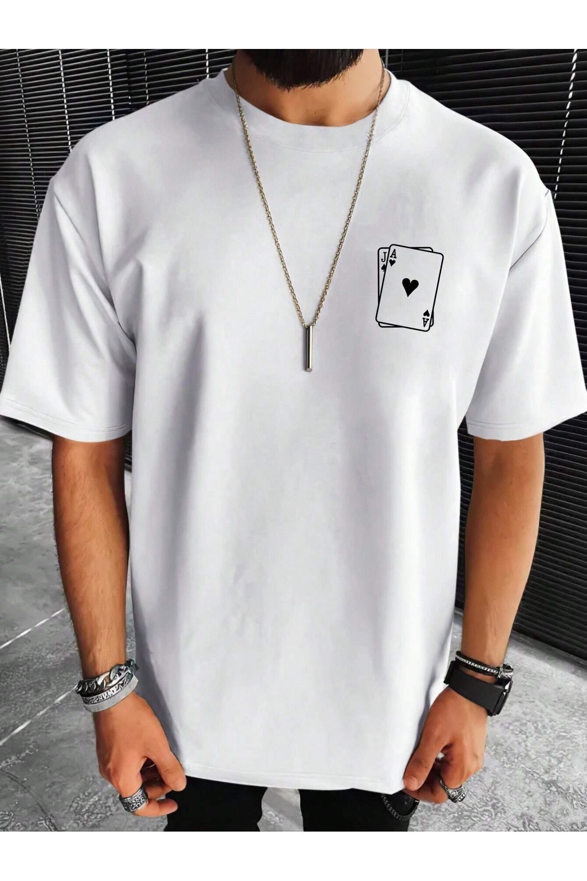 FoxSkin Sportswear&Company Card Tişört - Beyaz Baskılı Oversize Yazlık Kısa Kol T-Shirt Bisiklet Yaka