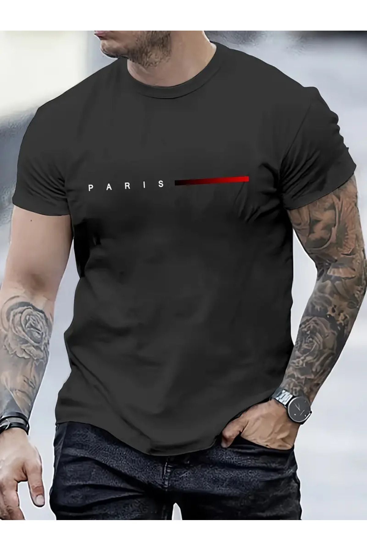 FoxSkin Sportswear&Company Paris Kısa Şerit Tişört - Füme Baskılı Oversize Yazlık Kısa Kol T-Shirt Bisiklet Yaka