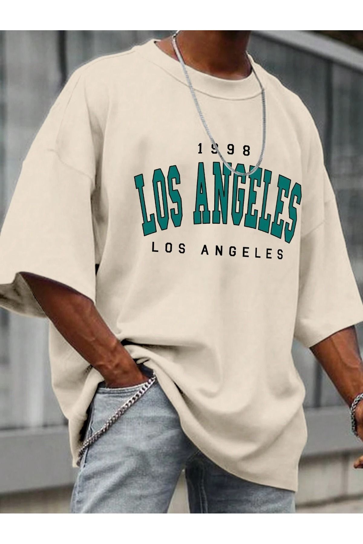 FoxSkin Sportswear&Company 1998 Los Angeles Tişört - Bej Baskılı Oversize Yazlık Kısa Kol T-Shirt Bisiklet Yaka