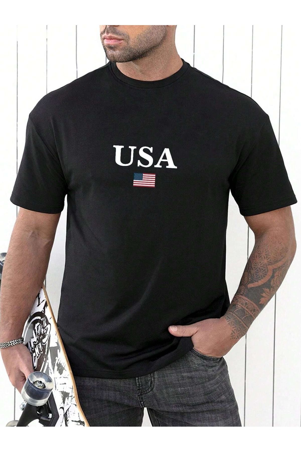 FoxSkin Sportswear&Company Usa Bayrak Tişört - Siyah Baskılı Oversize Yazlık Kısa Kol T-Shirt Bisiklet Yaka