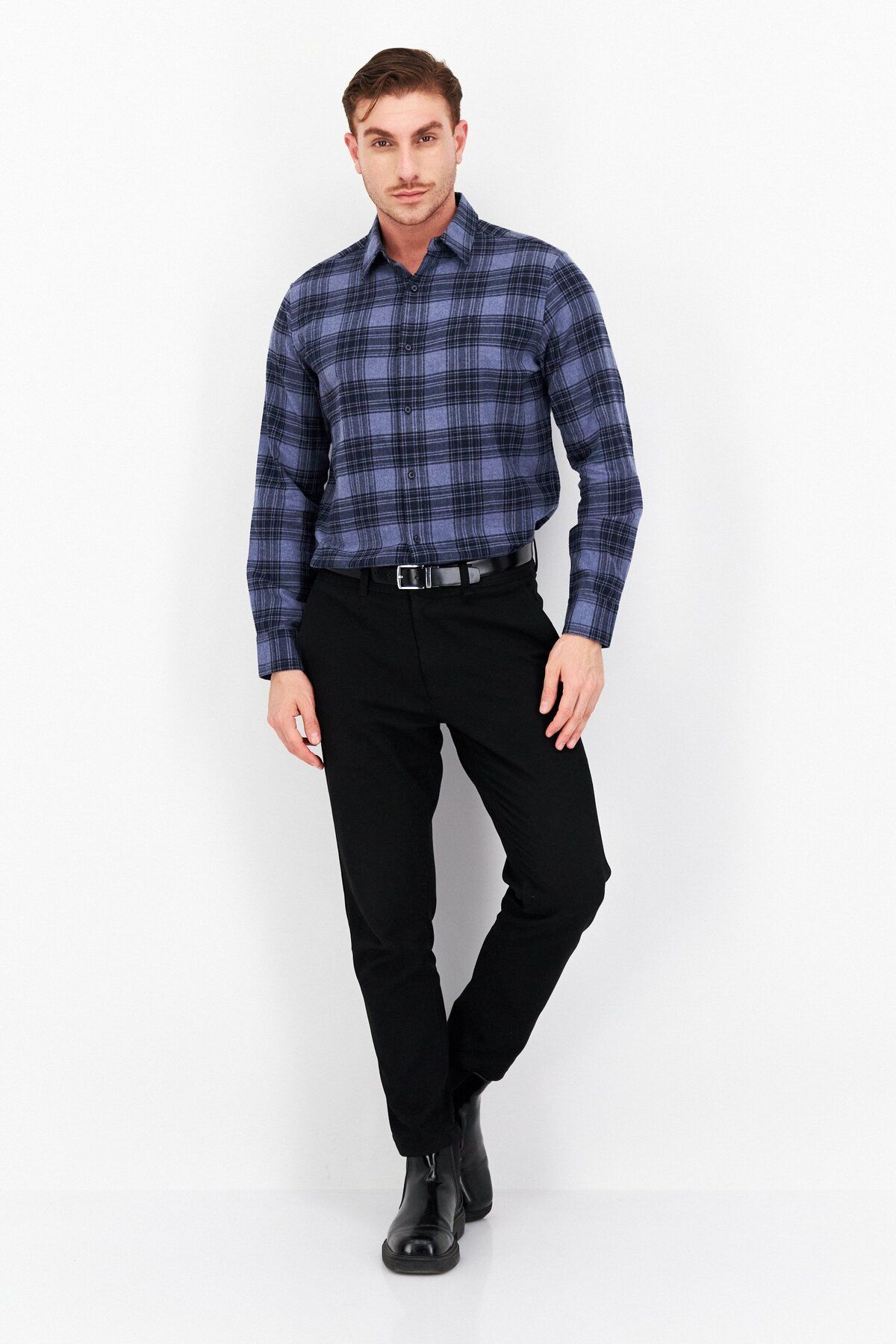 Calvin Klein-Men Classic Fit Plaid Long Sleeves Casual Shirt, Navy Blue 4