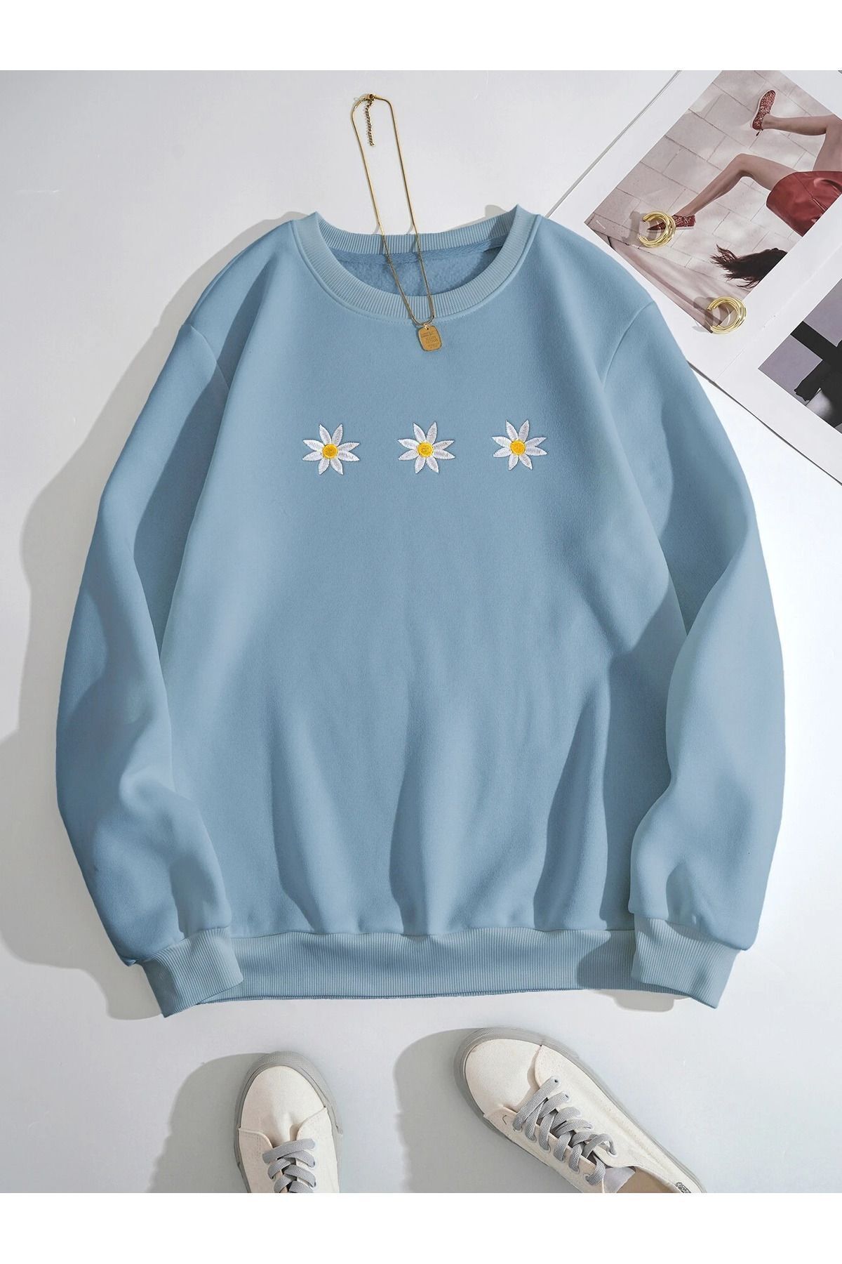 FoxSkin Sportswear&Company Papatya Simgeler Kalın Kışlık Sweatshirt - Bebe Mavi Baskılı Oversize Şardonlu Bisiklet Yaka