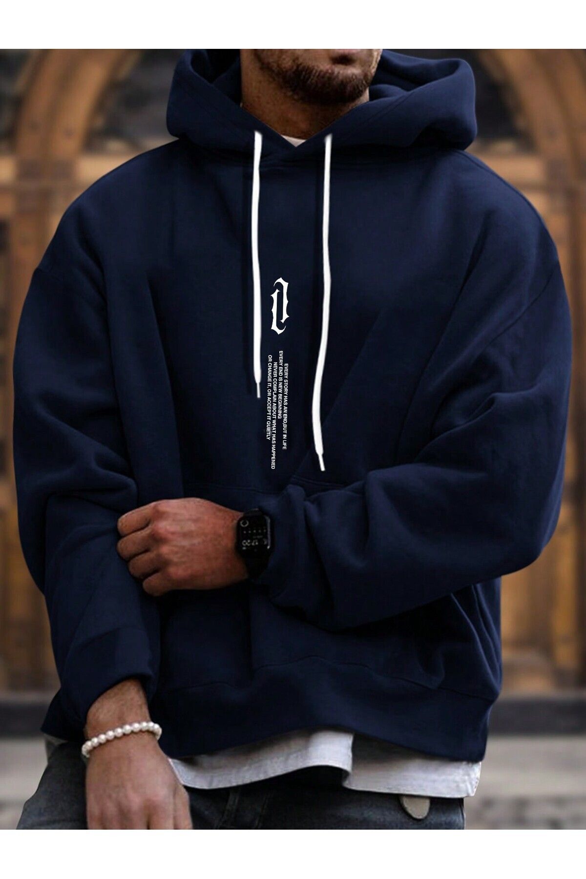 FoxSkin Sportswear&Company Dikey Sembol Kalın Kışlık Sweatshirt - Lacivert Baskılı Oversize Şardonlu Cepli Kapüşonlu