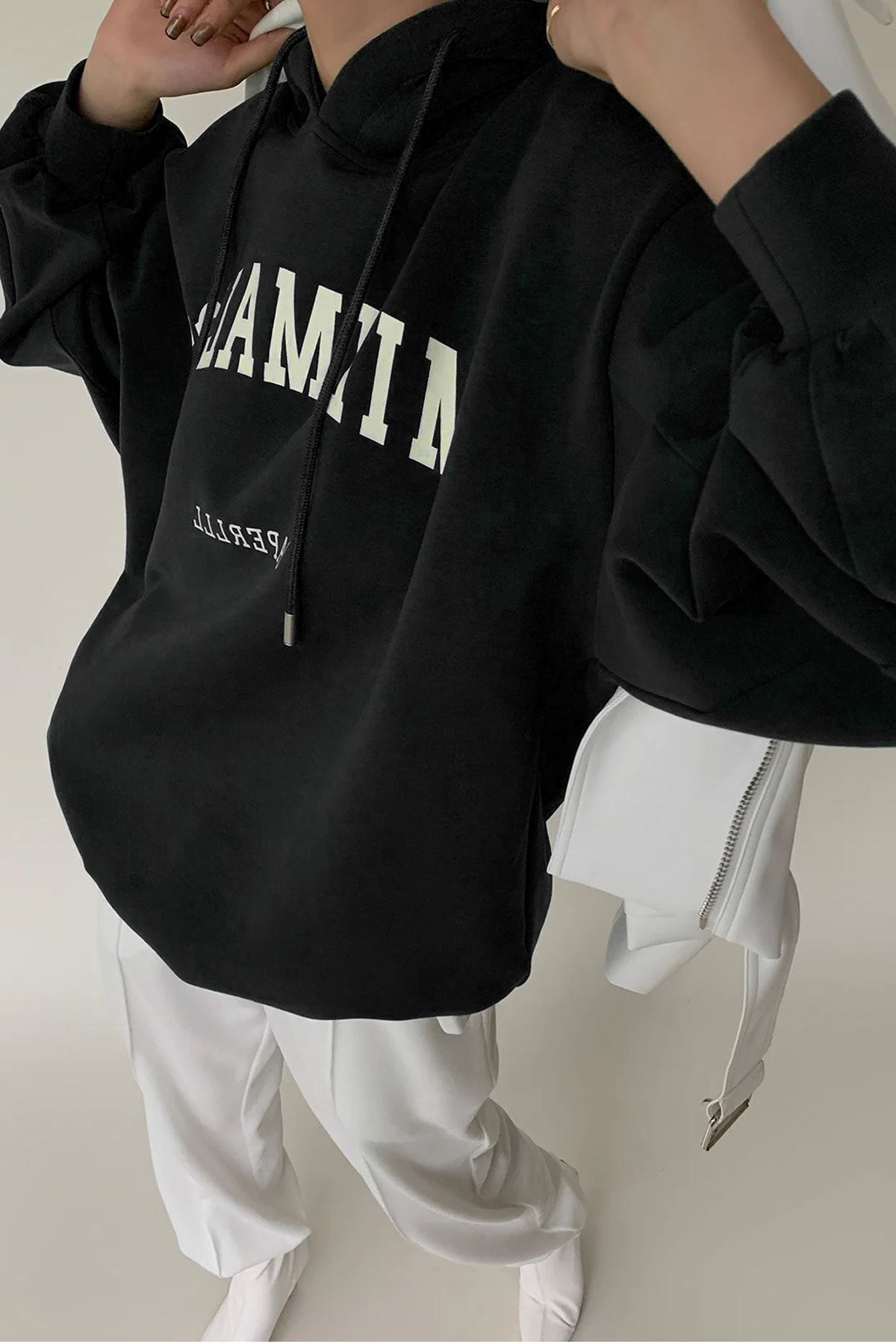 FoxSkin Sportswear&Company Minimalist Desen Kalın Kışlık Sweatshirt - Siyah Baskılı Oversize Şardonlu Kapüşonlu