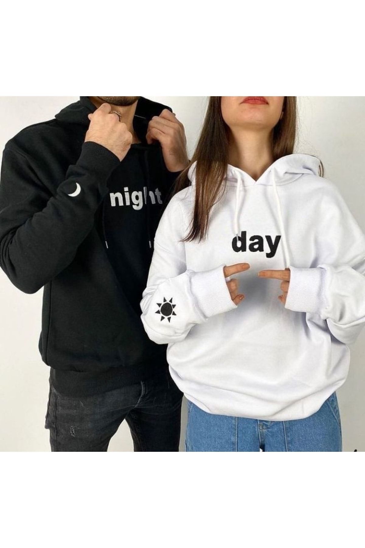 FoxSkin Sportswear&Company 2'Li Night Day Sevgili Kombin Sweatshirt - Siyah Beyaz Baskılı Oversize Şardonlu Kapüşonlu