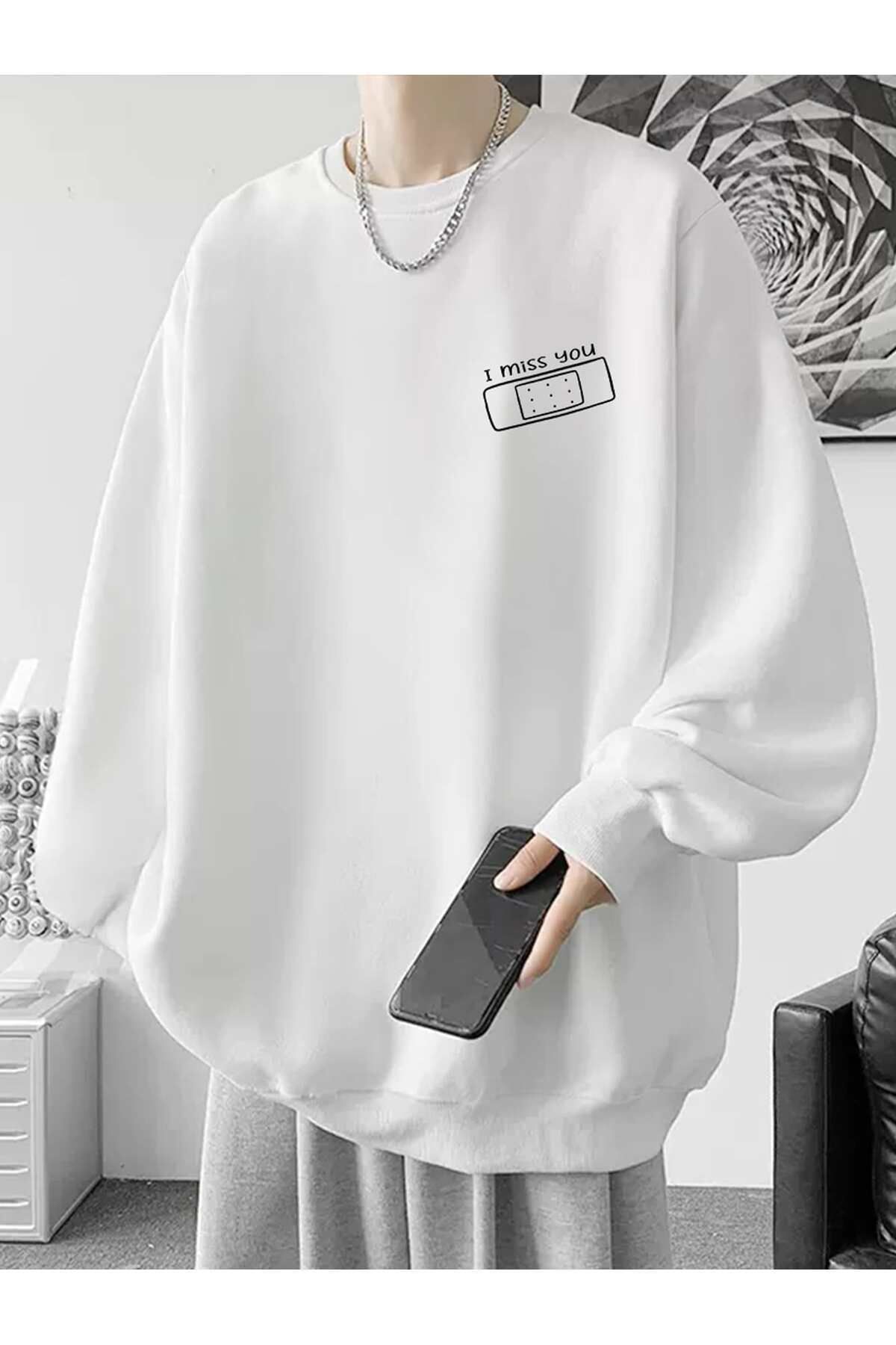 FoxSkin Sportswear&Company I Miss You Band Aid Kalın Kışlık Sweatshirt - Beyaz Baskılı Oversize Şardonlu Bisiklet Yaka