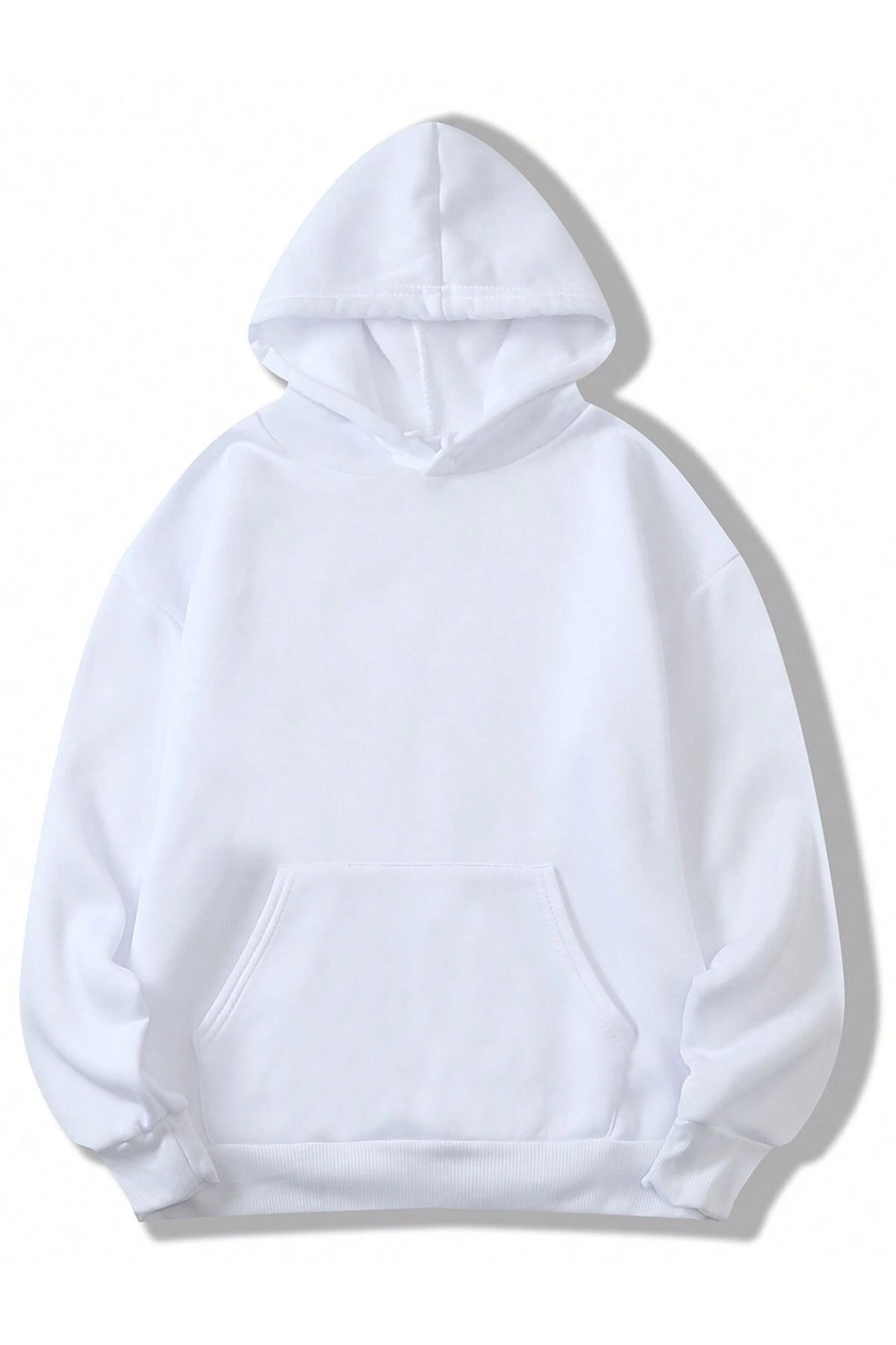 FoxSkin Sportswear&Company Baskısız Kalın Kışlık Sweatshirt - Beyaz Oversize Şardonlu Kapüşonlu