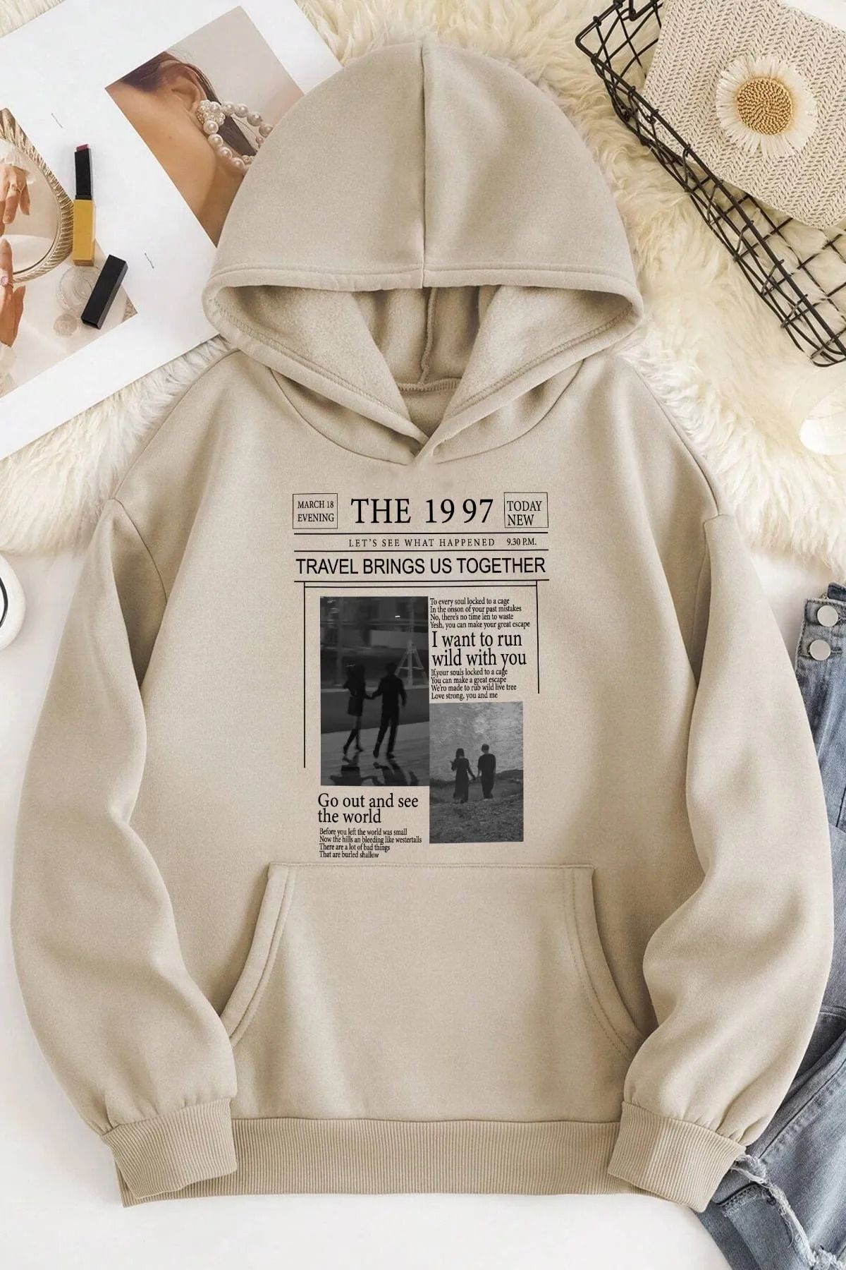 FoxSkin Sportswear&Company The 1997 Kalın Kışlık Sweatshirt - Bej Baskılı Oversize Şardonlu Cepli Kapüşonlu