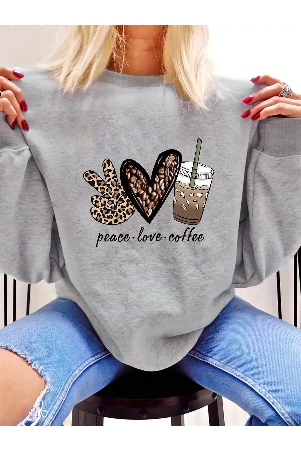 FoxSkin Sportswear&Company Peace Love Coffe Kalın Kışlık Sweatshirt - Gri Baskılı Oversize Şardonlu Bisiklet Yaka