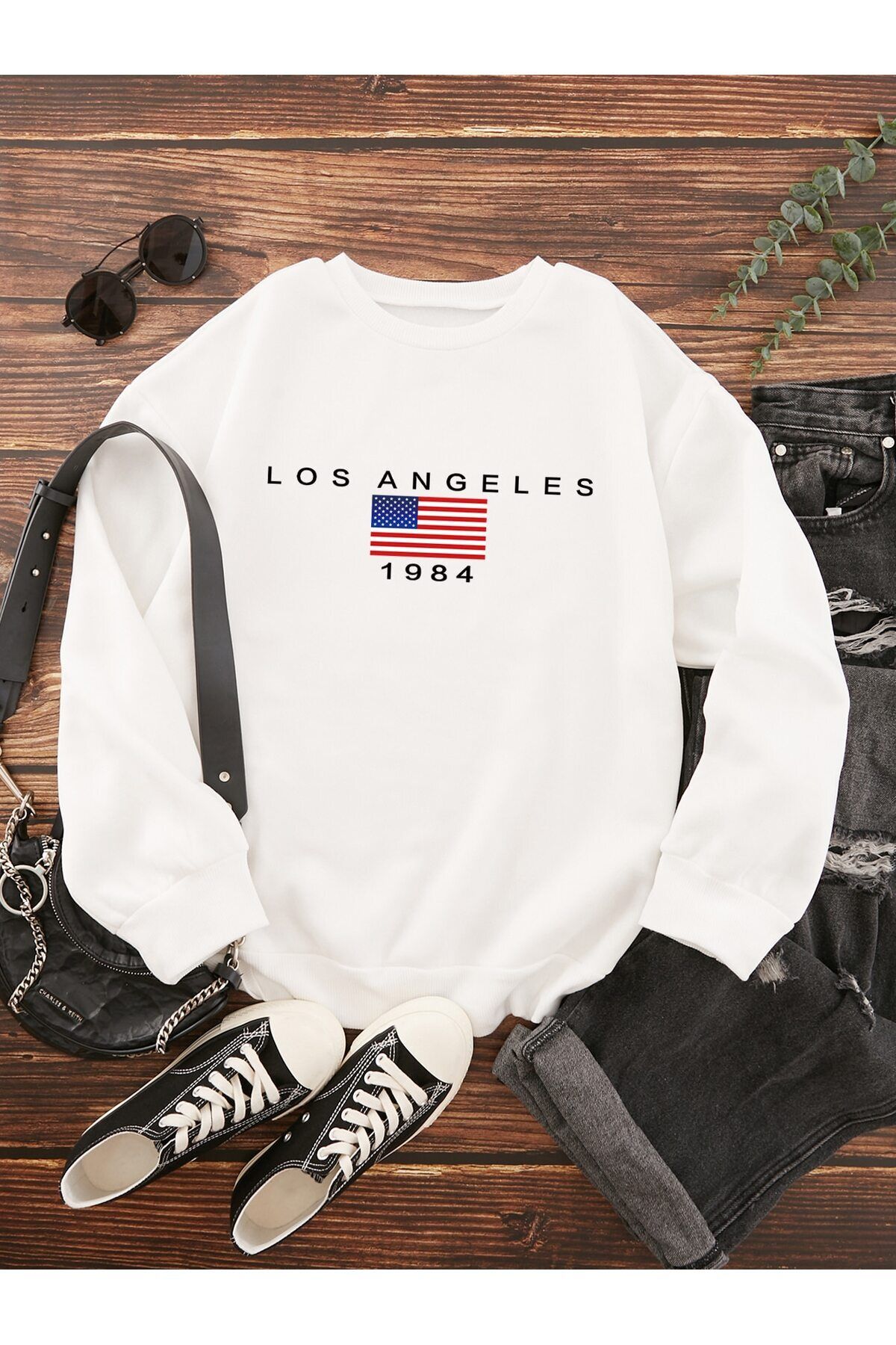 FoxSkin Sportswear&Company Los Angeles 1984 Kalın Kışlık Sweatshirt - Beyaz Baskılı Oversize Şardonlu Bisiklet Yaka