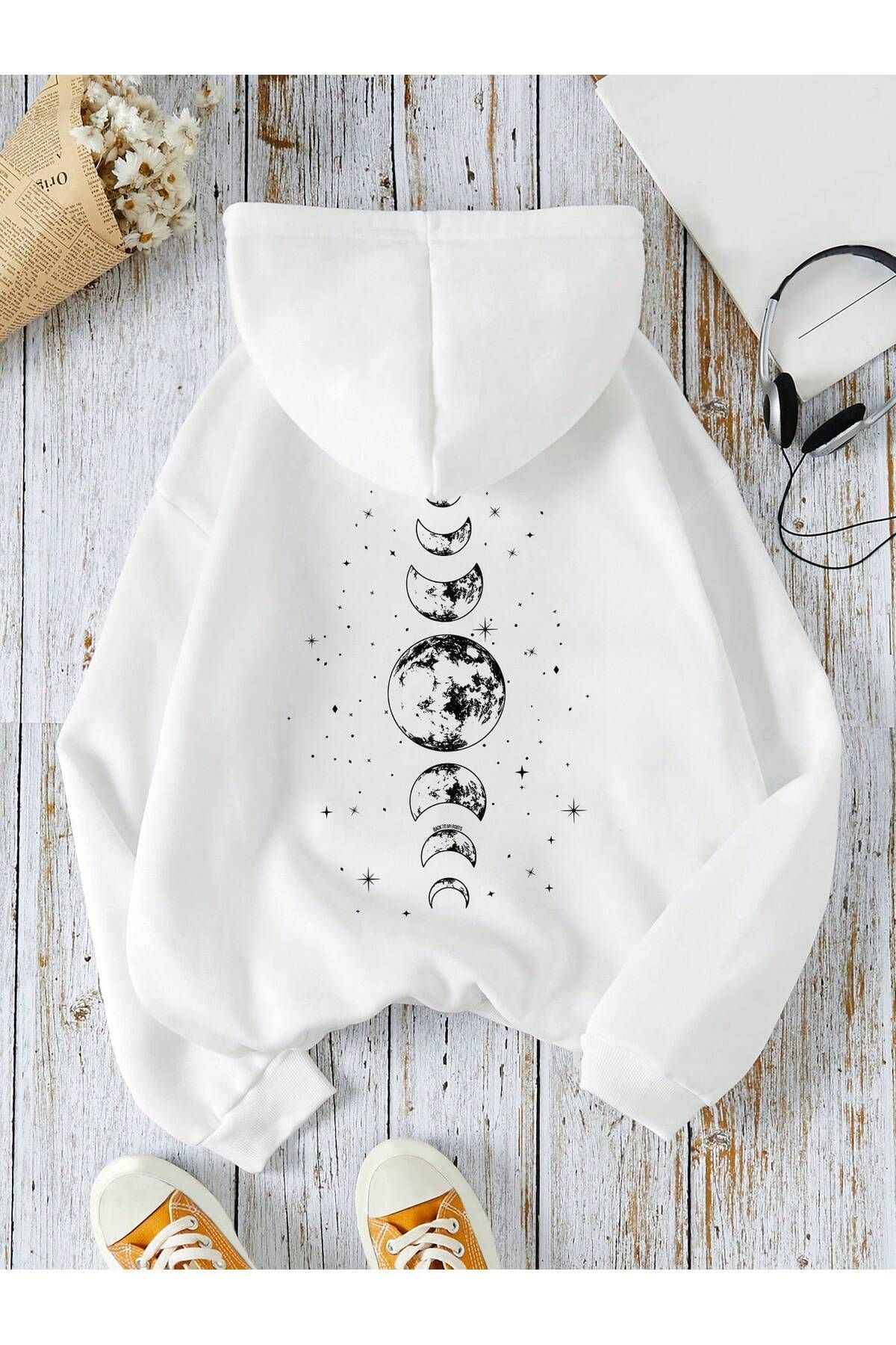 FoxSkin Sportswear&Company Ay Evreleri Kalın Kışlık Sweatshirt - Beyaz Baskılı Oversize Şardonlu Cepli Kapüşonlu