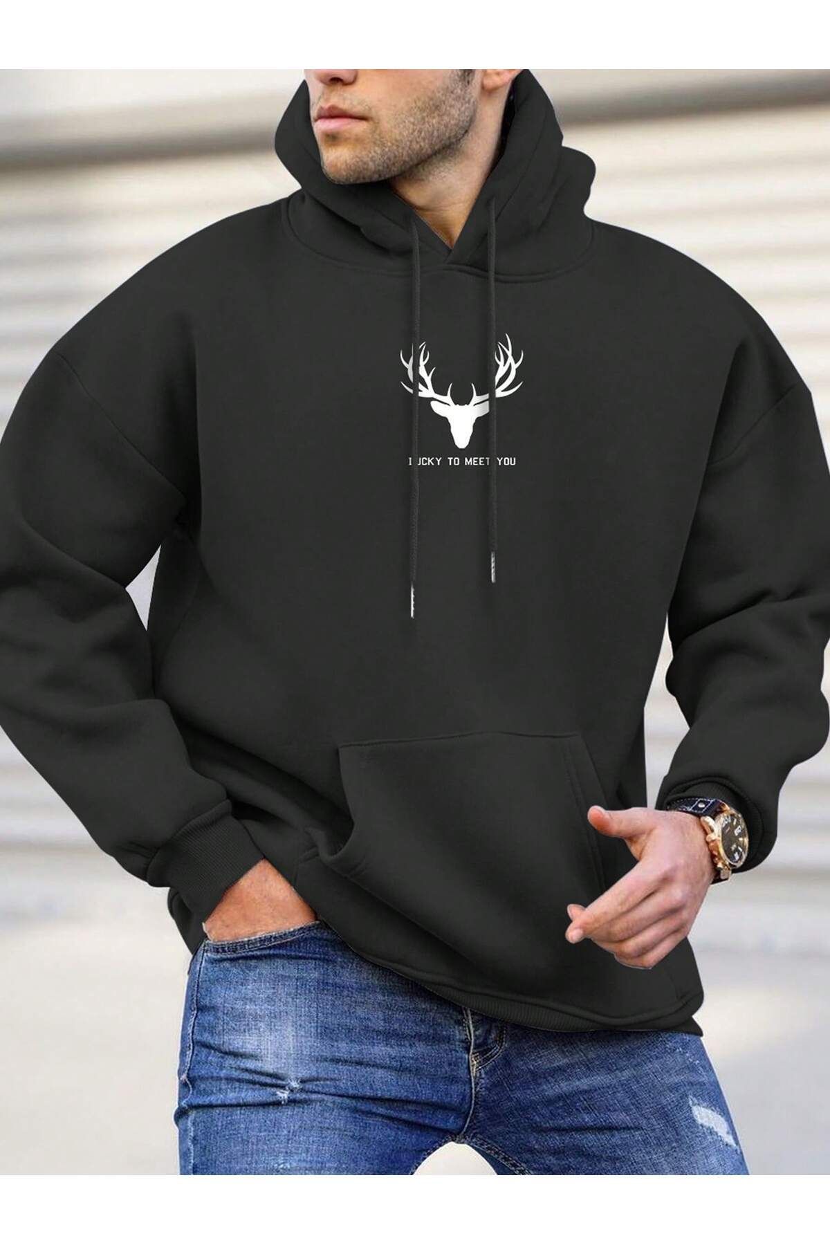 FoxSkin Sportswear&Company Geyik Logo Kalın Kışlık Sweatshirt - Siyah Baskılı Oversize Şardonlu Cepli Kapüşonlu