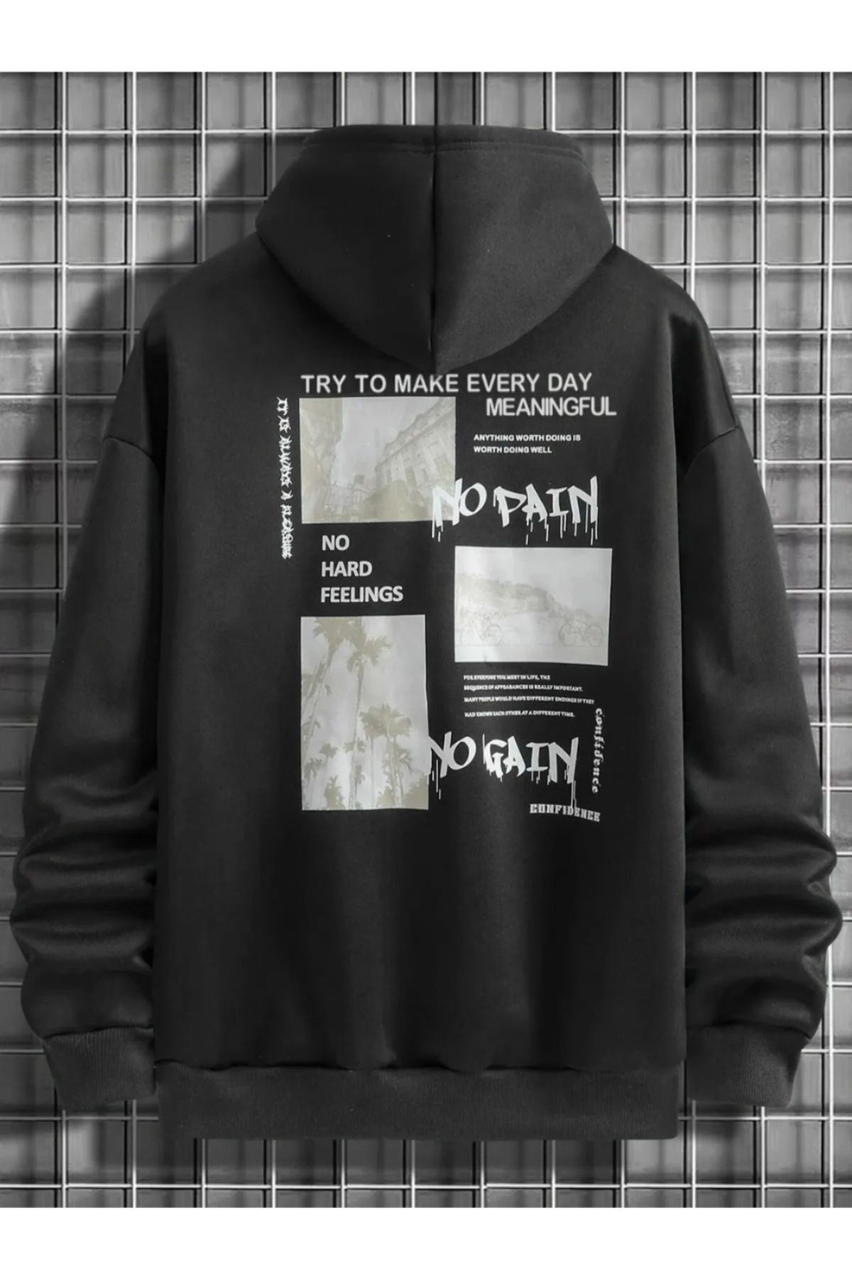 FoxSkin Sportswear&Company No Pain No Gain Kalın Kışlık Sweatshirt - Siyah Baskılı Oversize Şardonlu Cepli Kapüşonlu
