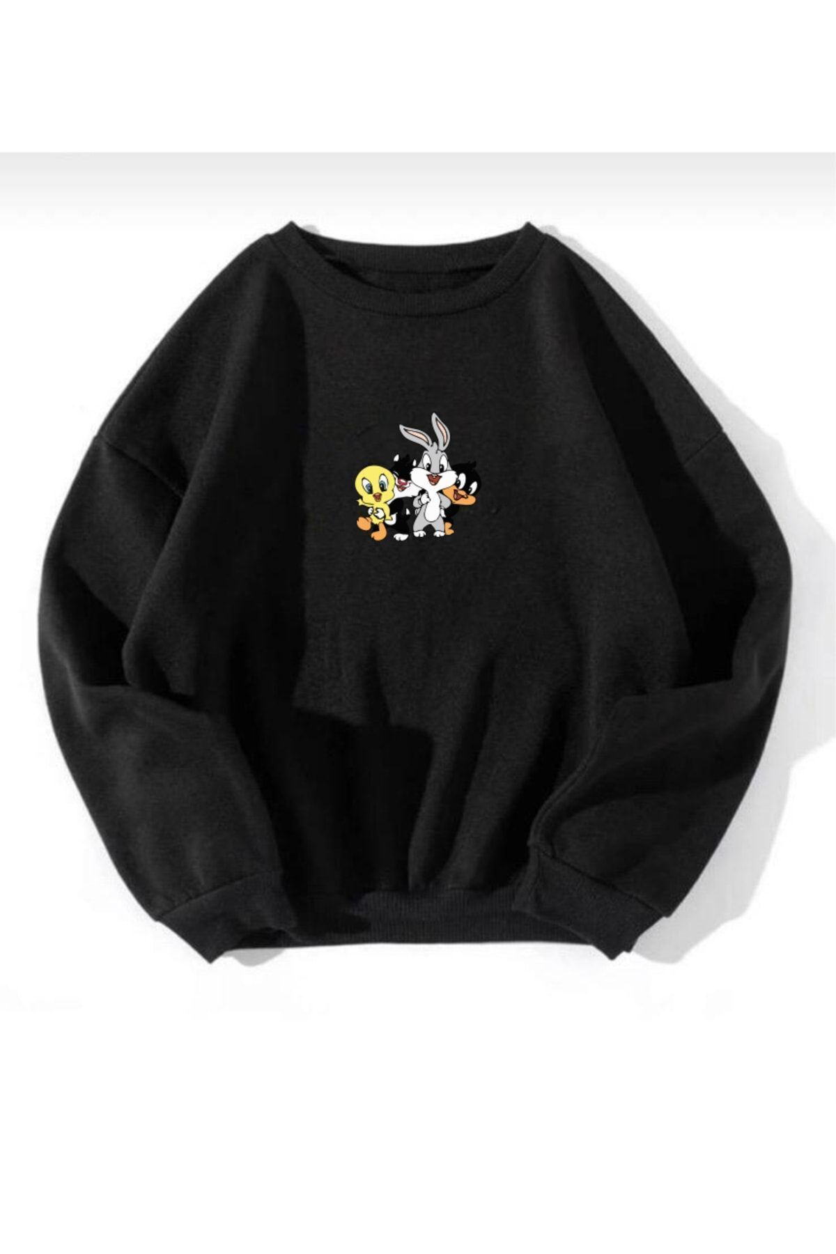 FoxSkin Sportswear&Company Looney Tunes Karekterler Kalın Kışlık Sweatshirt - Siyah Baskılı Oversize Şardonlu Bisiklet Yaka