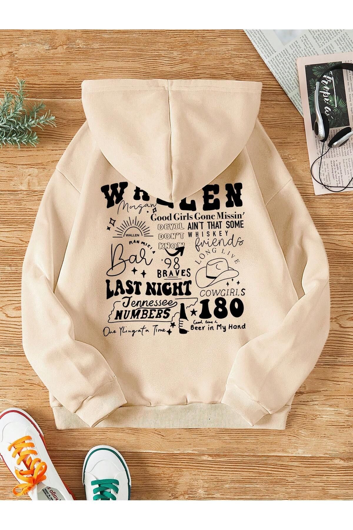 FoxSkin Sportswear&Company Wallen Kalın Kışlık Sweatshirt - Bej Baskılı Oversize Şardonlu Cepli Kapüşonlu