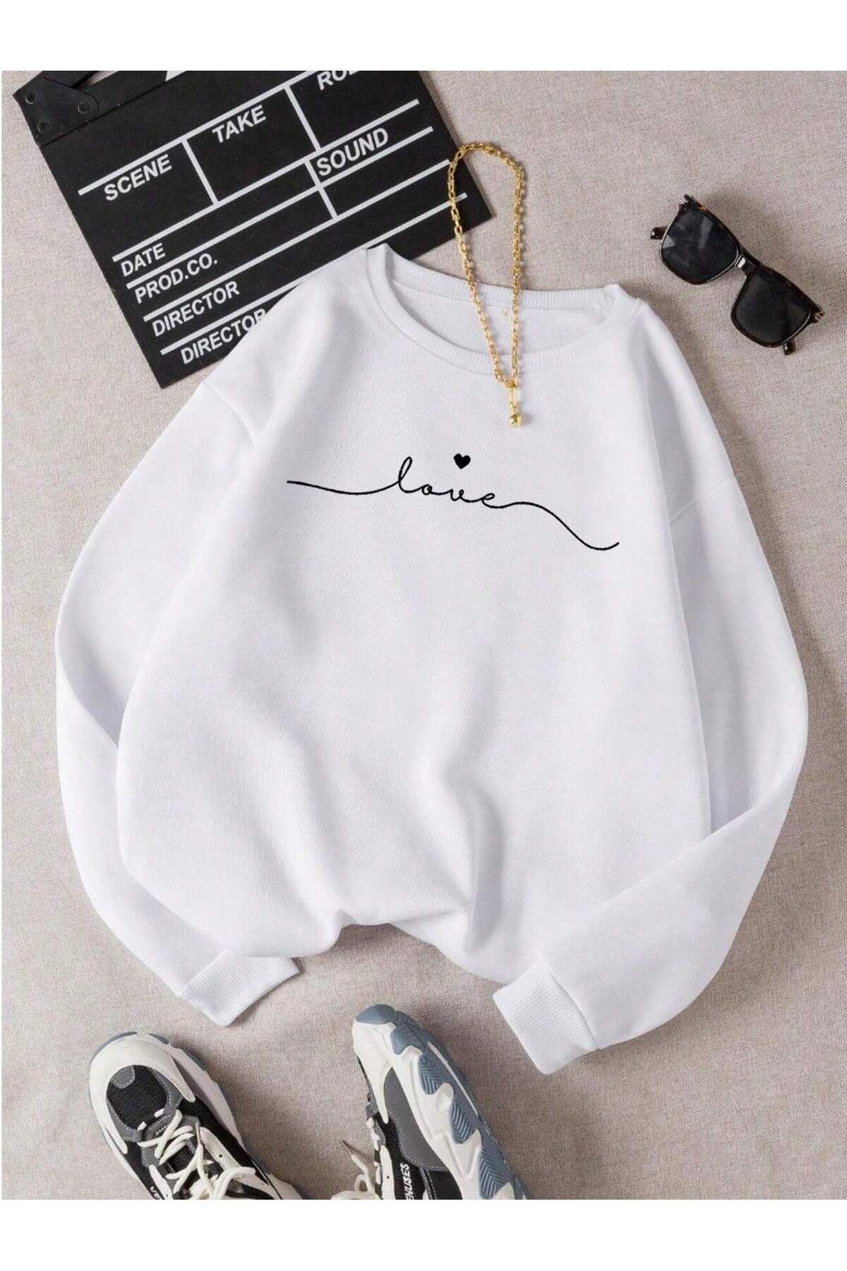 FoxSkin Sportswear&Company Love Mini Kalp Kalın Kışlık Sweatshirt - Beyaz Baskılı Oversize Şardonlu Bisiklet Yaka