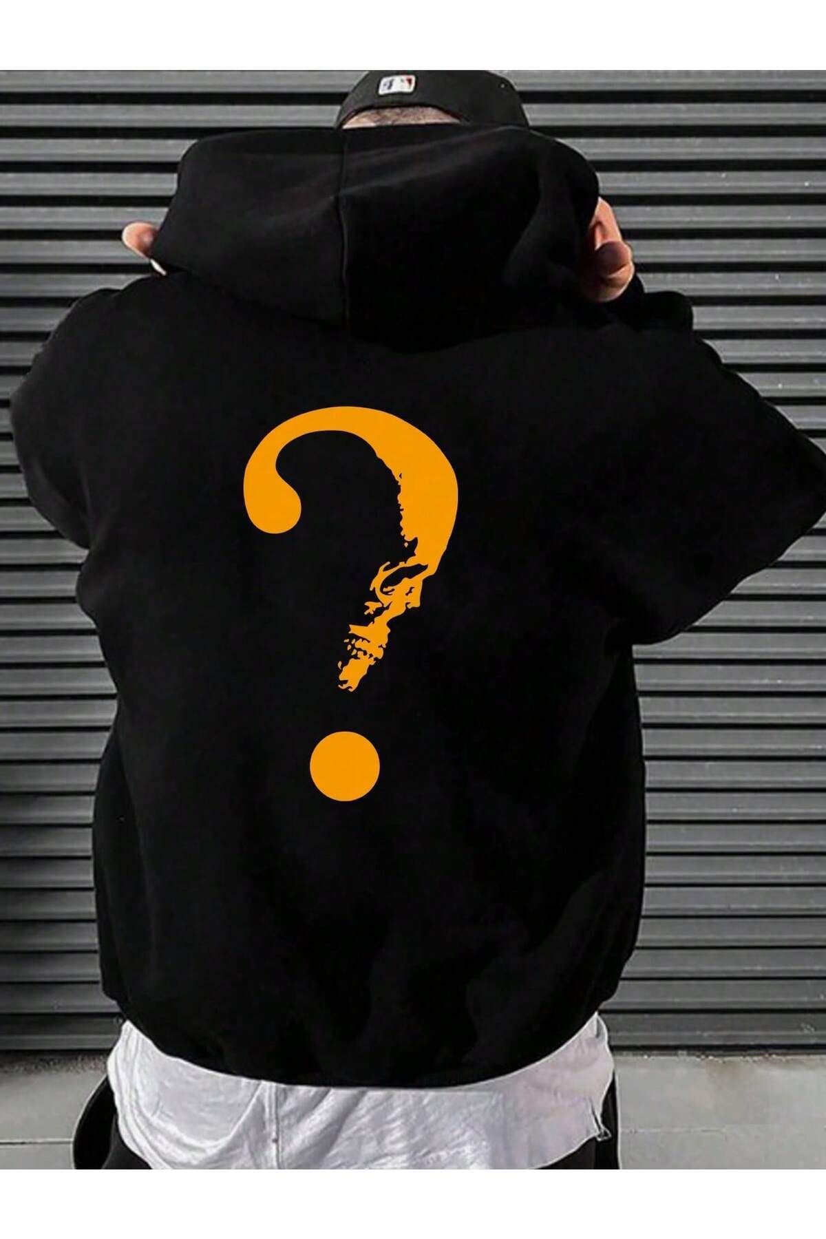 FoxSkin Sportswear&Company Soru İşareti Kalın Kışlık Sweatshirt - Siyah Baskılı Oversize Şardonlu Cepli Kapüşonlu