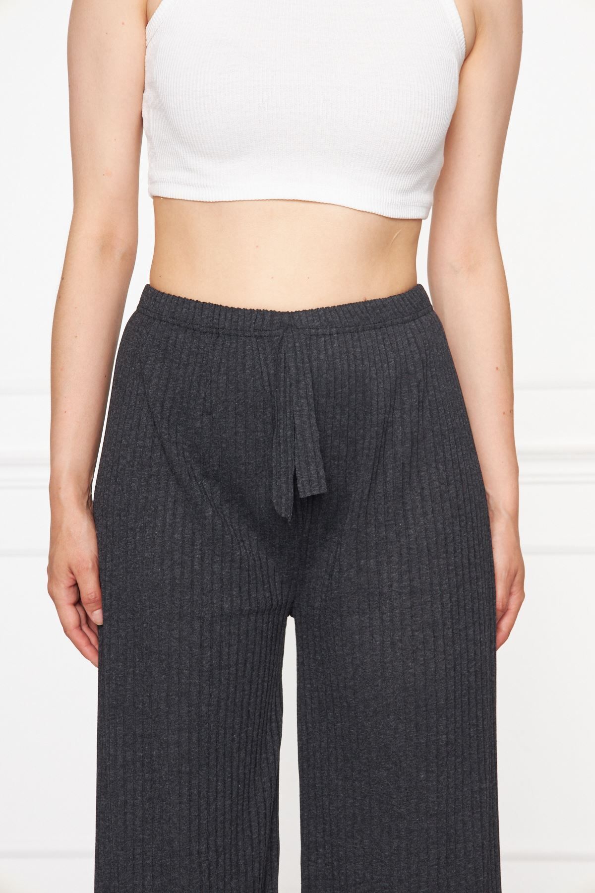 Oyga-Pantaloni și pantaloni de trening antracit cu nervuri pentru femei, pijamale casual pentru acasă 2