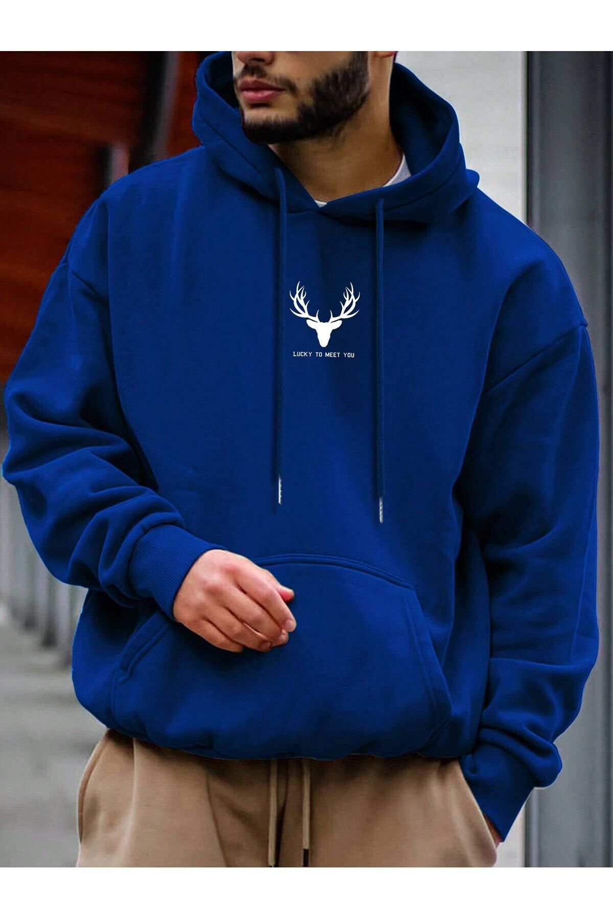 FoxSkin Sportswear&Company Geyik Logo Kalın Kışlık Sweatshirt - Sax Mavi Baskılı Oversize Şardonlu Cepli Kapüşonlu