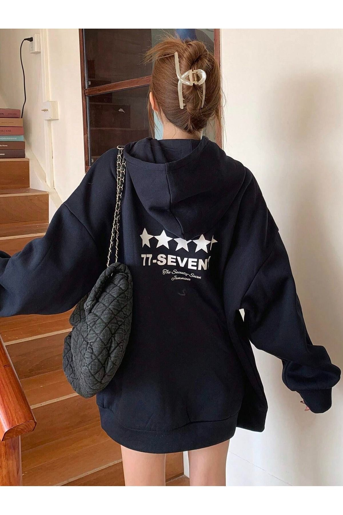 FoxSkin Sportswear&Company 77 Seventy Kalın Kışlık Sweatshirt - Siyah Baskılı Oversize Şardonlu Kapüşonlu