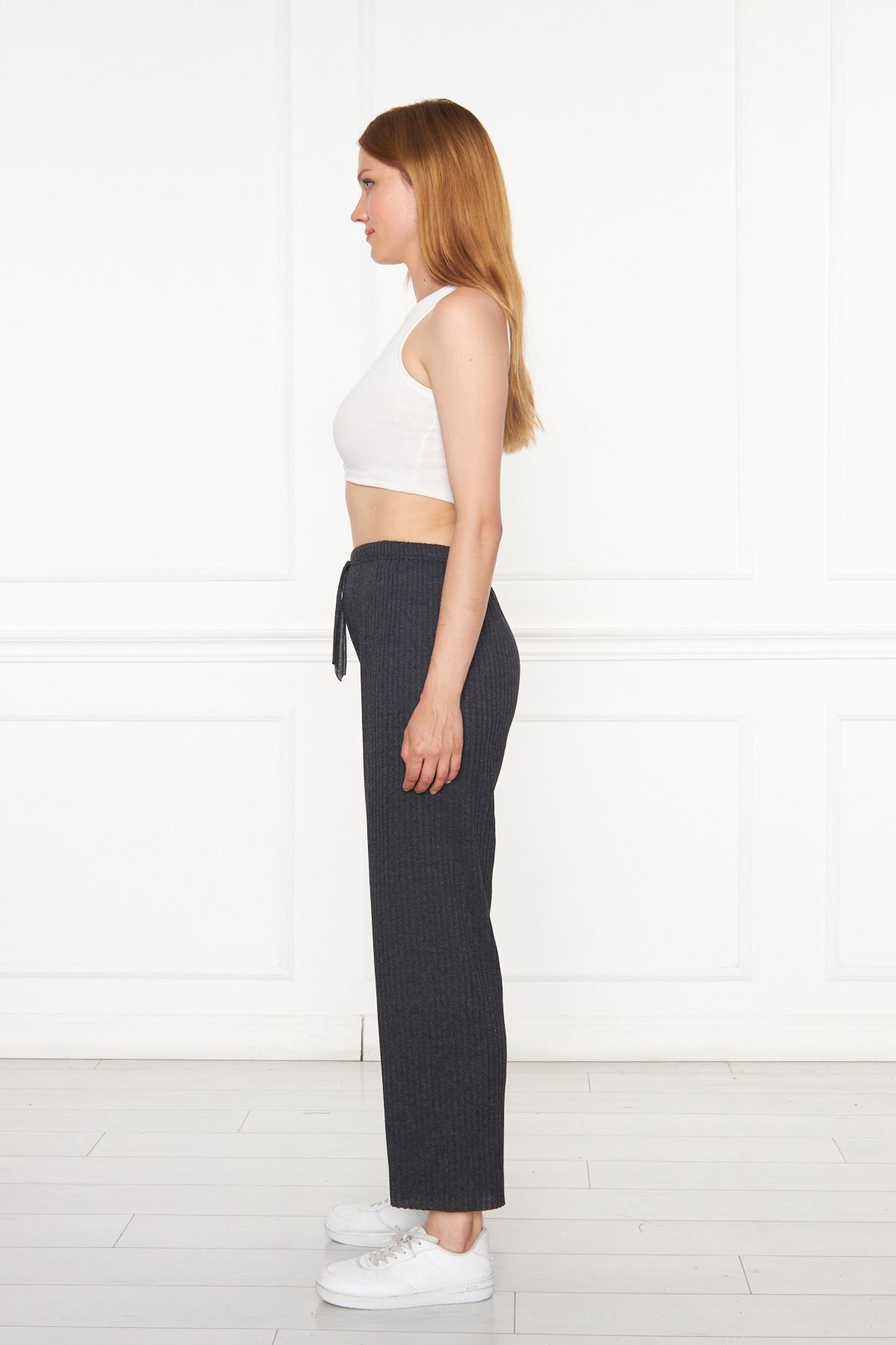Oyga-Pantaloni și pantaloni de trening antracit cu nervuri pentru femei, pijamale casual pentru acasă 4