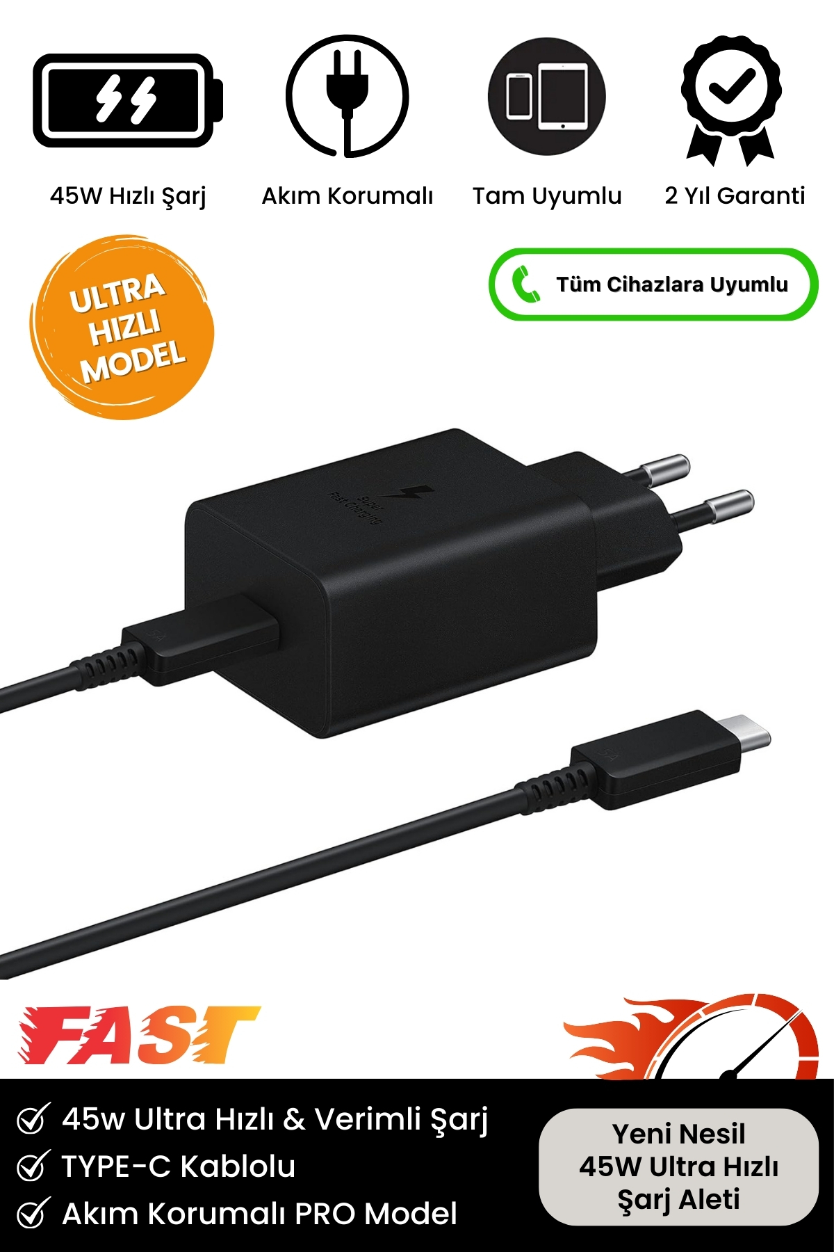 Yeni Nesil 45W Ultra Hızlı Şarj Seti Adaptör + Type C Kablosu iPhone Samsung Realme Oppo Vb. Uyumlu