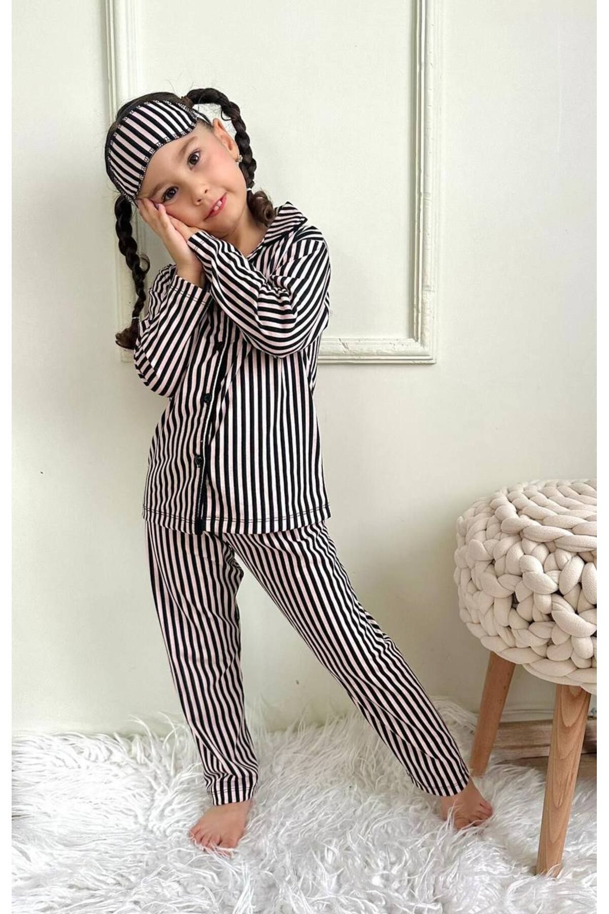 Alinna-Girl's Pink Color Pajama Set. Long Sleeve Button Pajamas Set. Sleep Pajamas with Eye Patch 1