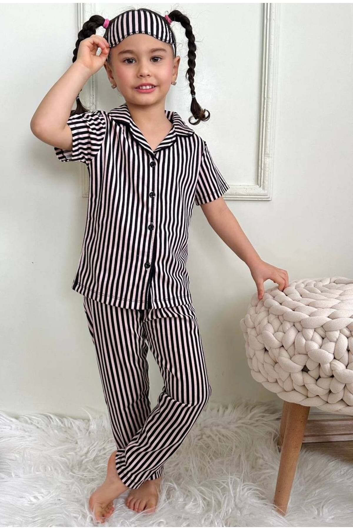 Alinna-Girl's Pink Color Pajama Set. Long Sleeve Button Pajamas Set. Sleep Pajamas with Eye Patch 2