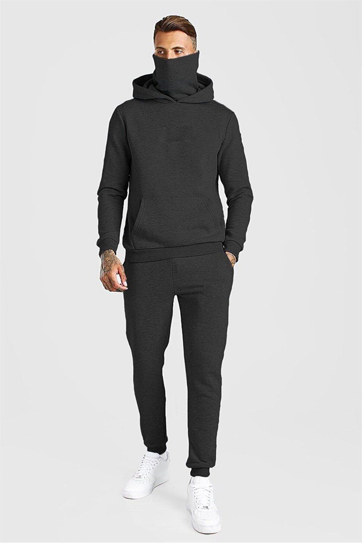 Navcoli-Men's Black Hooded Sweatshirt and Sweatpants Set - 5046U_3001A_2010 1