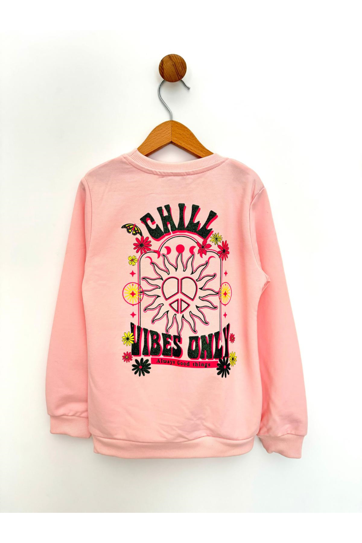 By Cwhr %100 Pamuk 2 İpliik Chill Vibes Only Arkası Baskılı Manşet Kollu Mevsimlik Kız Çocuk Sweatshirt fotoğrafı 2 (önizleme)