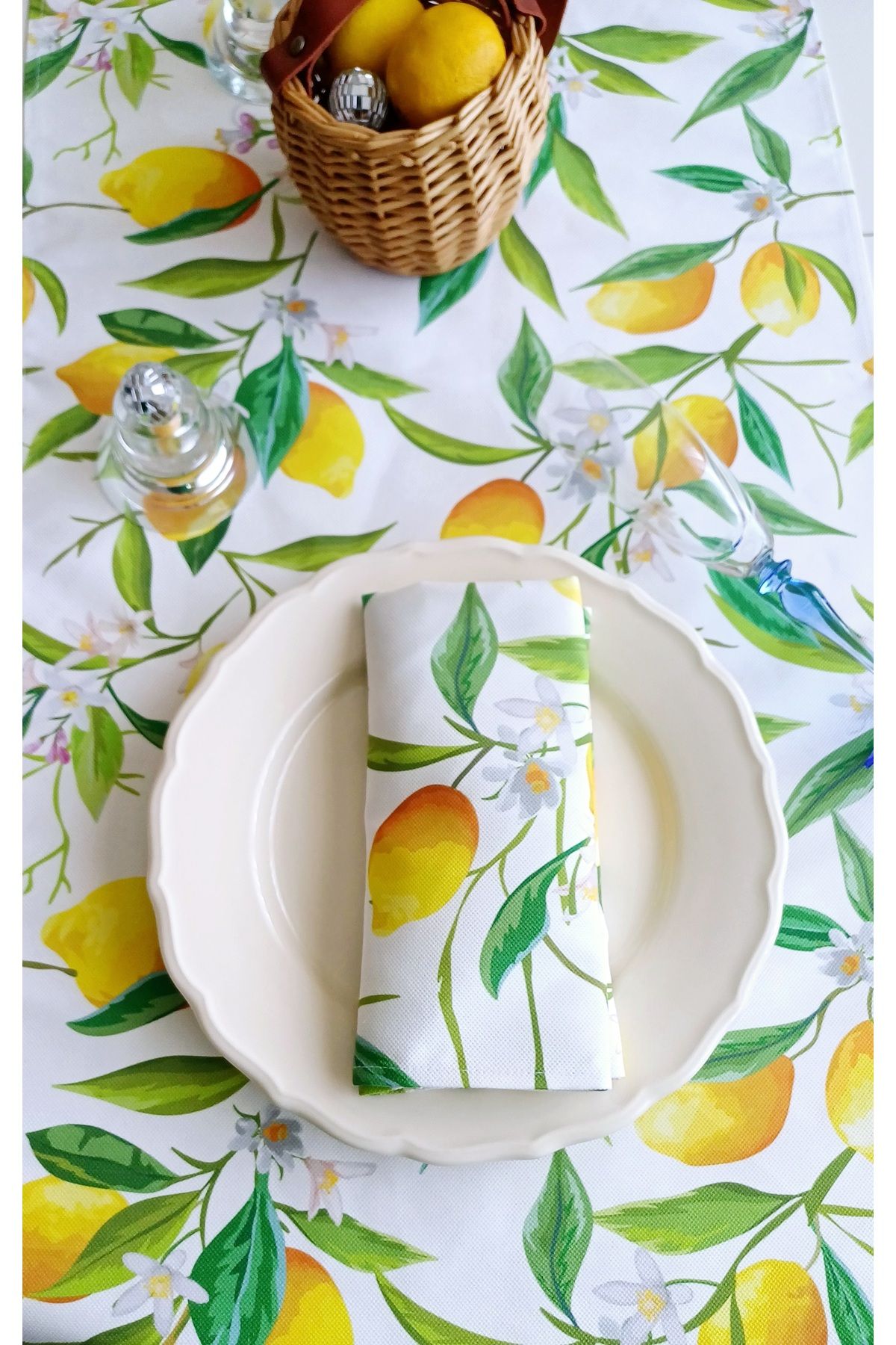 alenked-Lemon Flower Series Polyester Runner 44X150 cm and 4 Napkins 45X45 cm 2