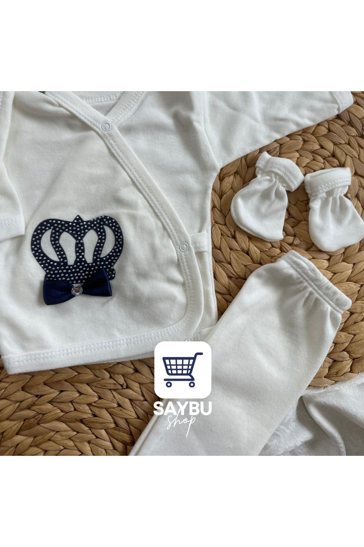 SAYBUSHOP-Pink/Navy Blue 5-Piece Hospital Release Set - Baby Romper, Socks, Hat, Gloves and Cardigan 4