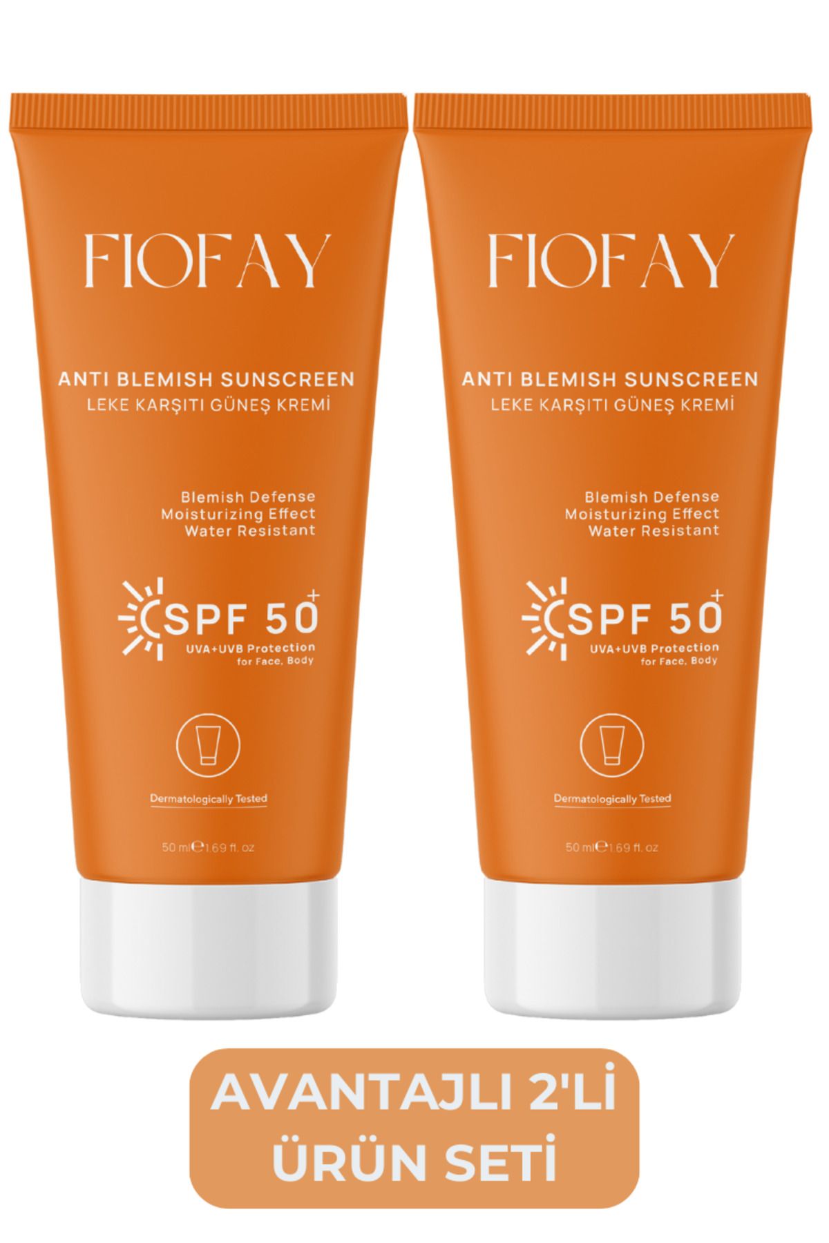 fiofay 2'li Leke Karşıtı SPF 50+ Güneş Kremi - Tüm Cilt Tiplerine Uygun, Glutatyon Destekli 50 ml