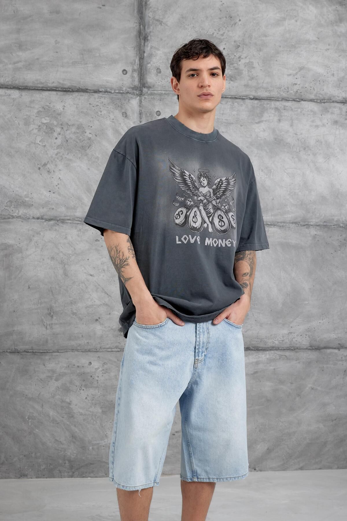 NOMARC-Smoked Love Money Written Washed Oversize Tshirt 5