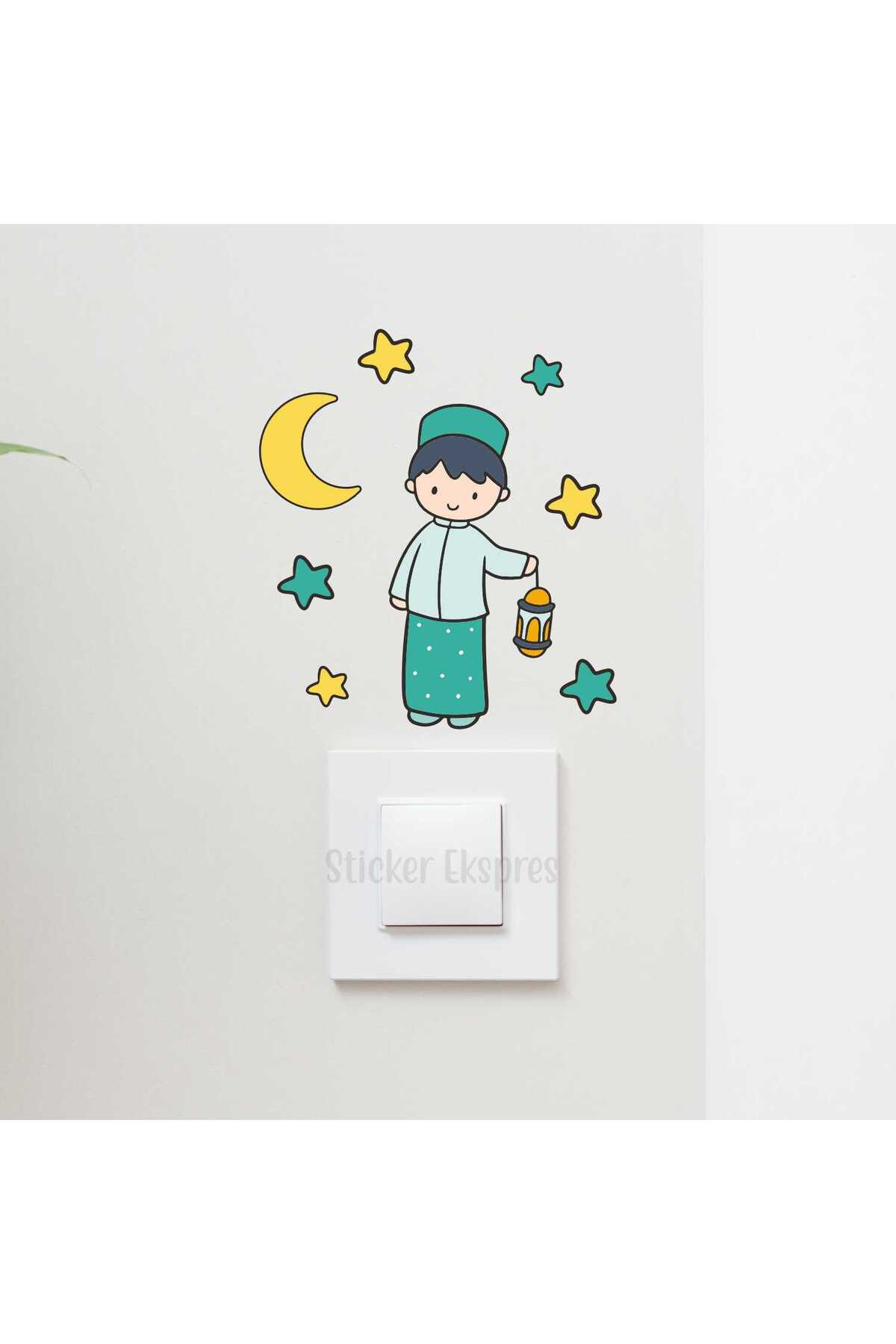Sticker Ekspres Fener Tutan Erkek Çocuk Ve Yıldızlar R6 Ramazan Priz Üstü Sticker Cam Duvar Sticker fotoğrafı 2 (önizleme)