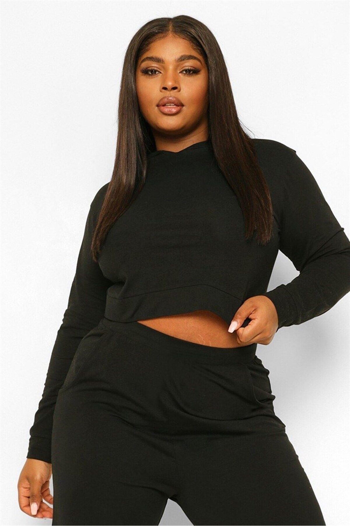 Navcoli-Black Oversize Crop Sweatshirt and Bottom Set - Plus Size 5013Ua-20150 2