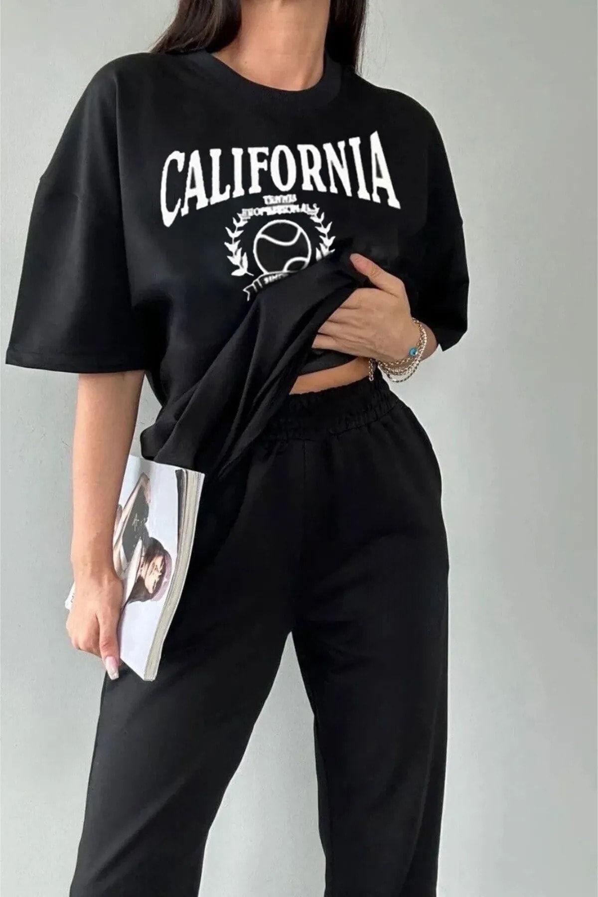 FoxSkin Sportswear&Company California Tenis T-shirt Eşofman Altı Jogger - Siyah Baskılı Eşofman Takımı Oversize Bisiklet Yaka