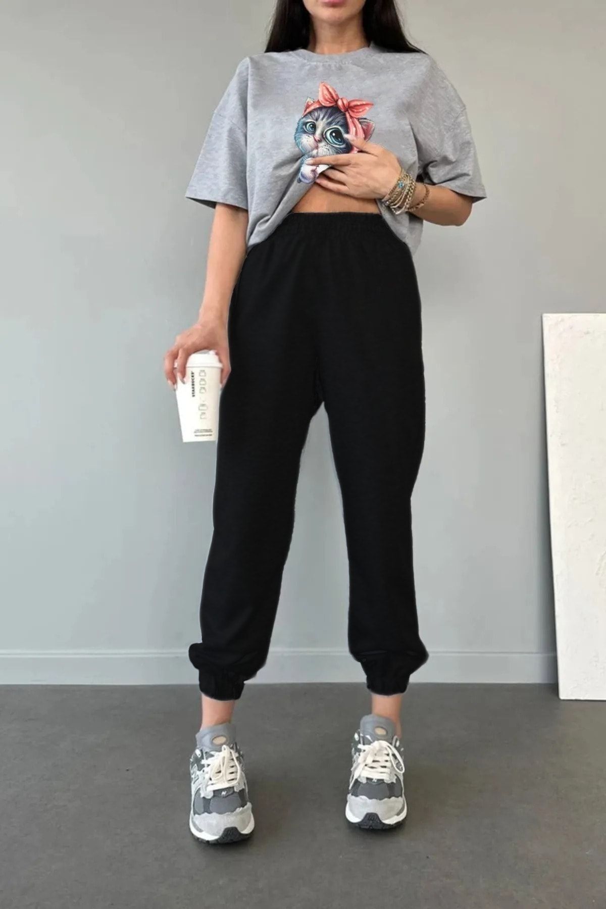 FoxSkin Sportswear&Company Kedi T-shirt Eşofman Altı Jogger - Gri Siyah Baskılı Eşofman Takımı Oversize Bisiklet Yaka