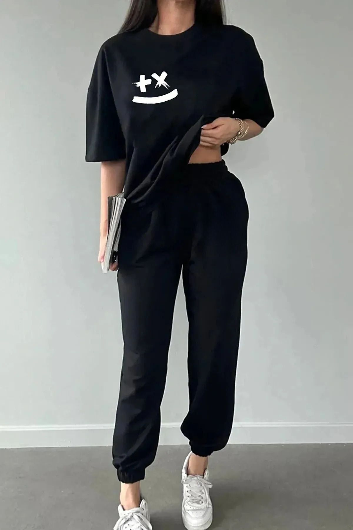 FoxSkin Sportswear&Company X Face T-shirt Eşofman Altı Jogger - Siyah Baskılı Eşofman Takımı Oversize Bisiklet Yaka