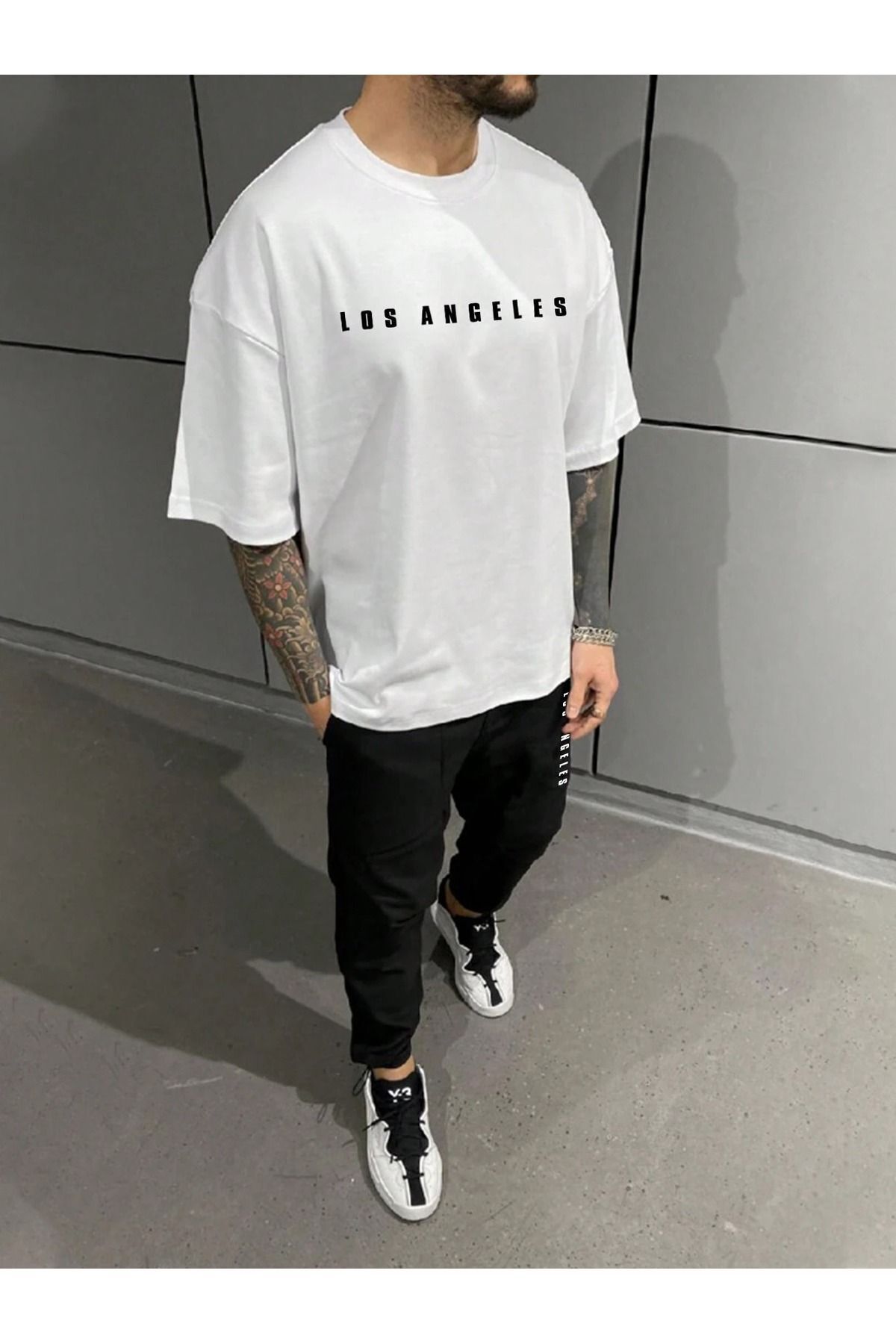FoxSkin Sportswear&Company Los Angeles T-Shirt Eşofman Altı Jogger - Beyaz Siyah Baskılı Eşofman Takımı Bisiklet Yaka