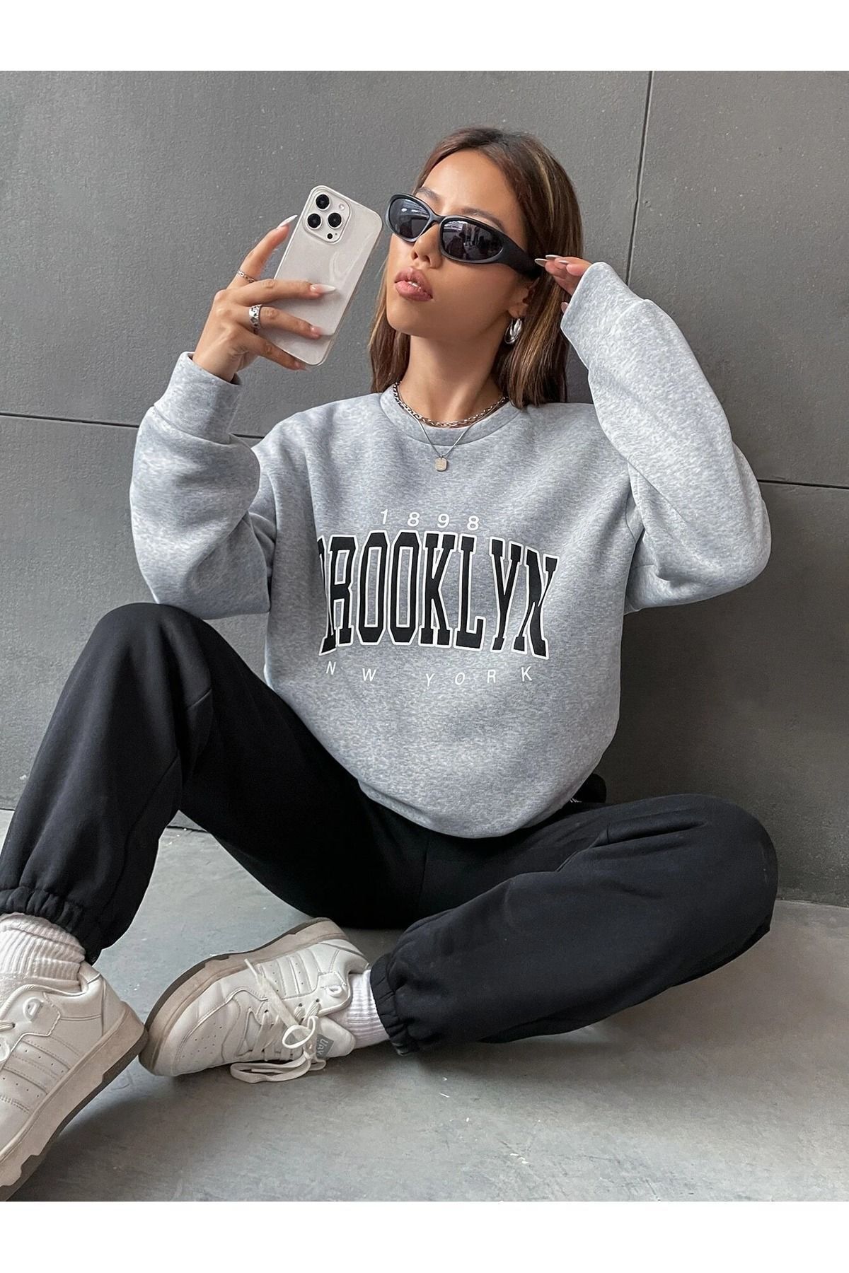 FoxSkin Sportswear&Company Brooklyn 1898 Sweatshirt Eşofman Altı Jogger - Gri Siyah Baskılı Eşofman Takımı Bisiklet Yaka