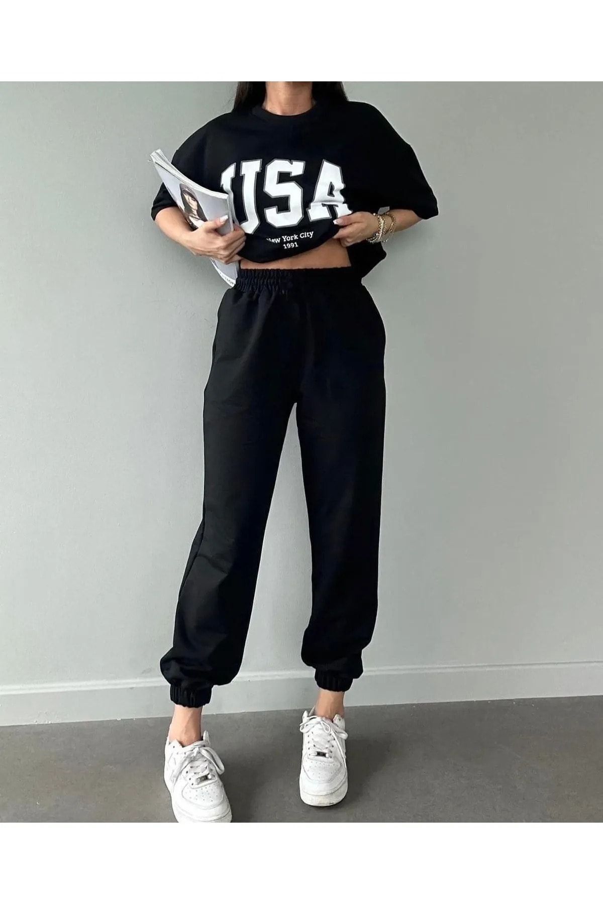 FoxSkin Sportswear&Company Usa T-shirt Eşofman Altı Jogger - Siyah Baskılı Eşofman Takımı Oversize Bisiklet Yaka