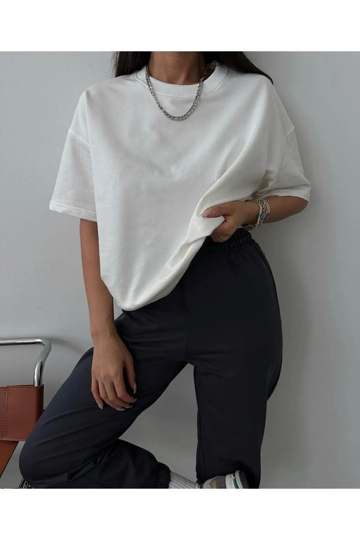 FoxSkin Sportswear&Company Basic Düz T-shirt Eşofman Altı Jogger - Beyaz Siyah Eşofman Takımı Oversize Bisiklet Yaka