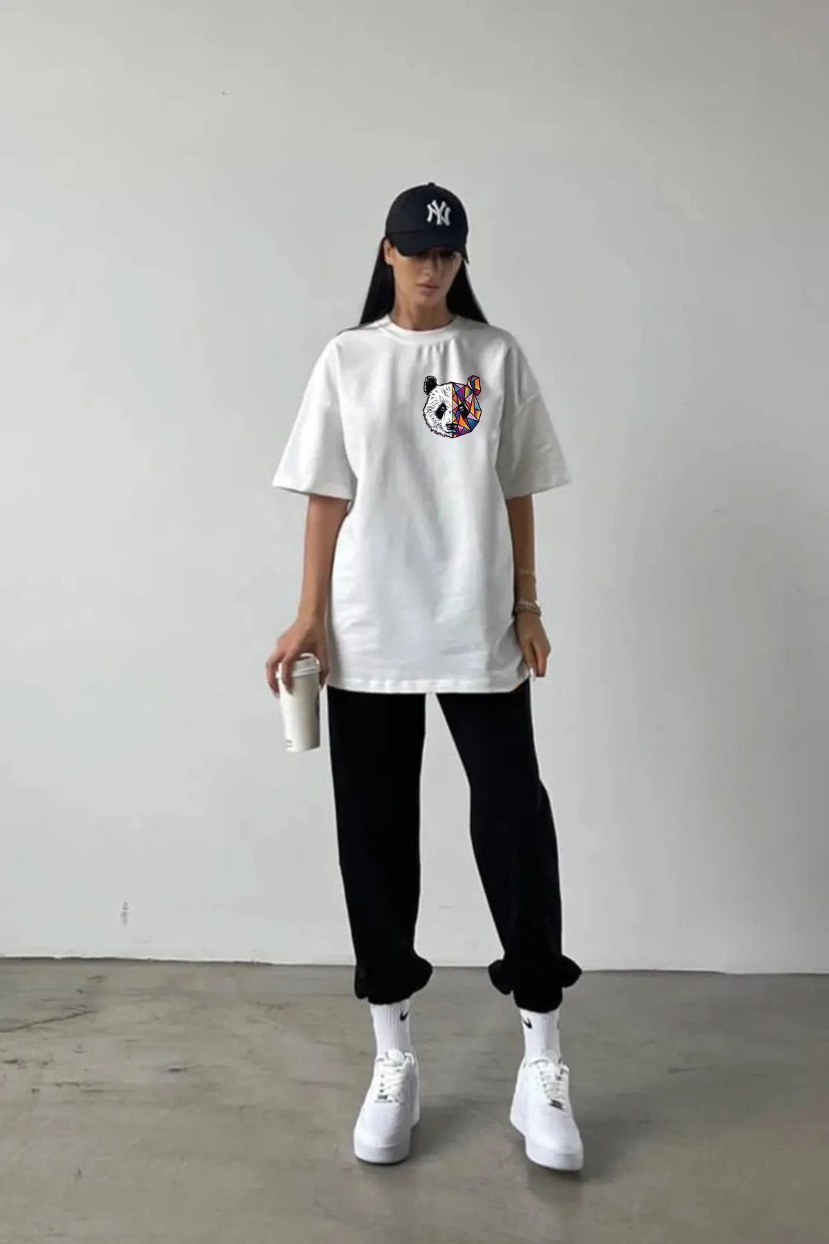FoxSkin Sportswear&Company Panda Logo T-shirt Eşofman Altı Jogger - Beyaz Siyah Baskılı Eşofman Takımı Oversize Bisiklet Yaka