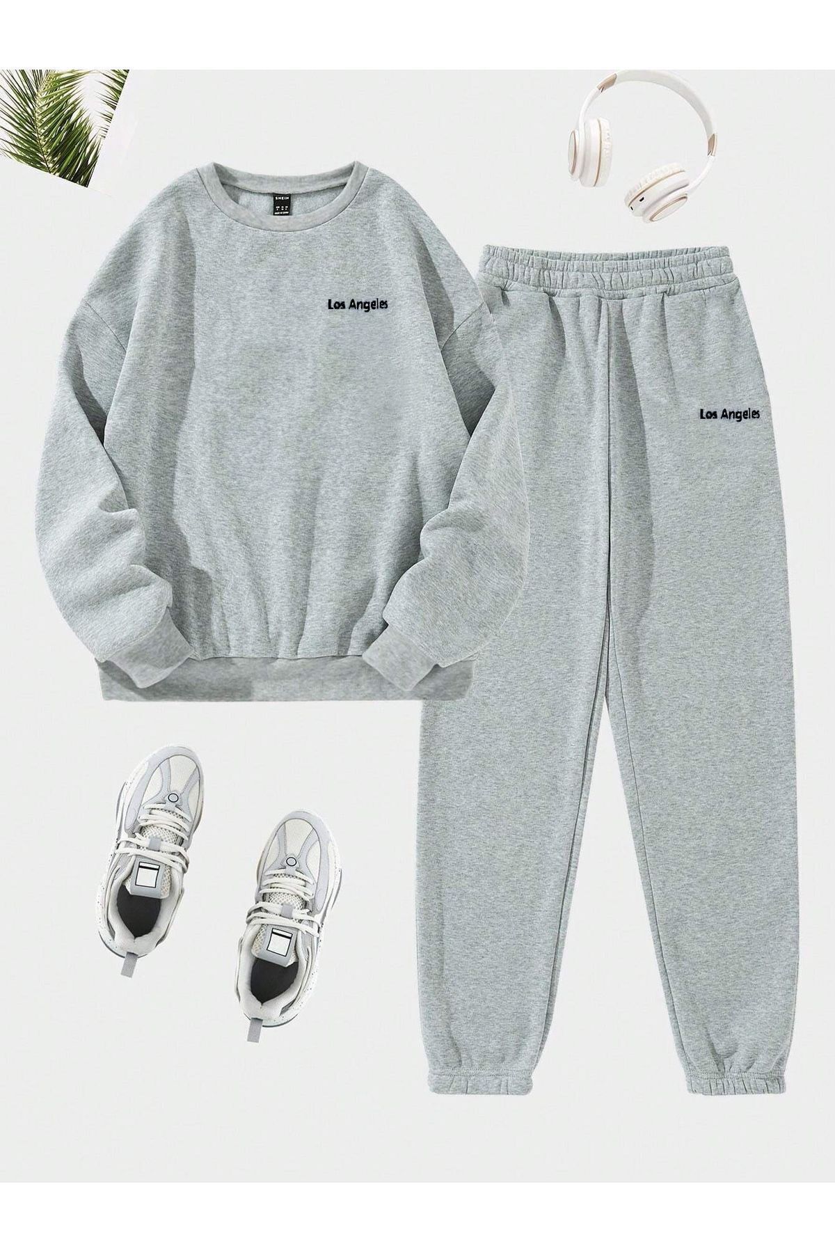 FoxSkin Sportswear&Company California Yazı Sweatshirt Eşofman Altı Jogger - Gri Baskılı Eşofman Takımı Bisiklet Yaka