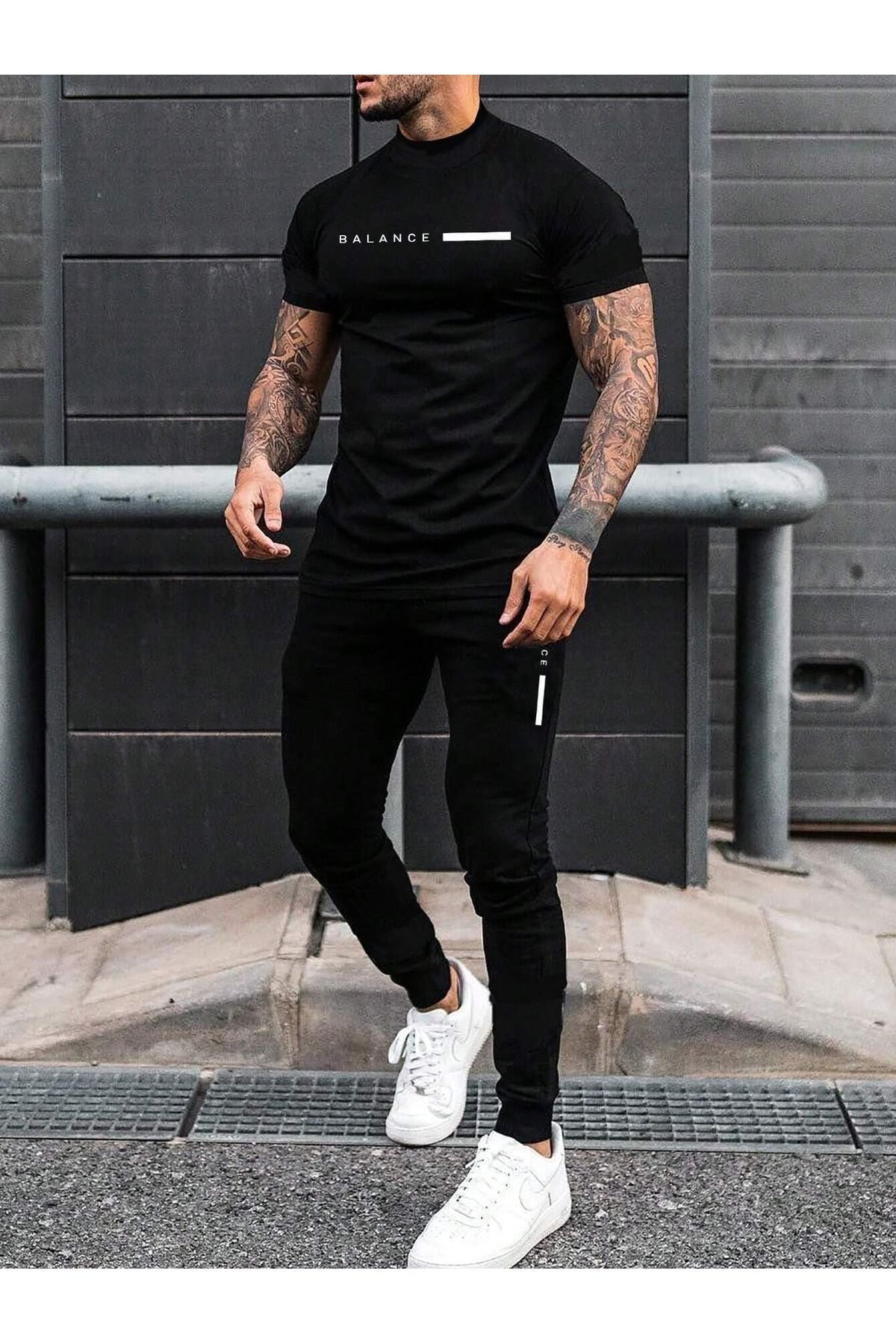 FoxSkin Sportswear&Company Balance Çizgi T-Shirt Eşofman Altı Jogger - Siyah Baskılı Eşofman Takımı Bisiklet Yaka